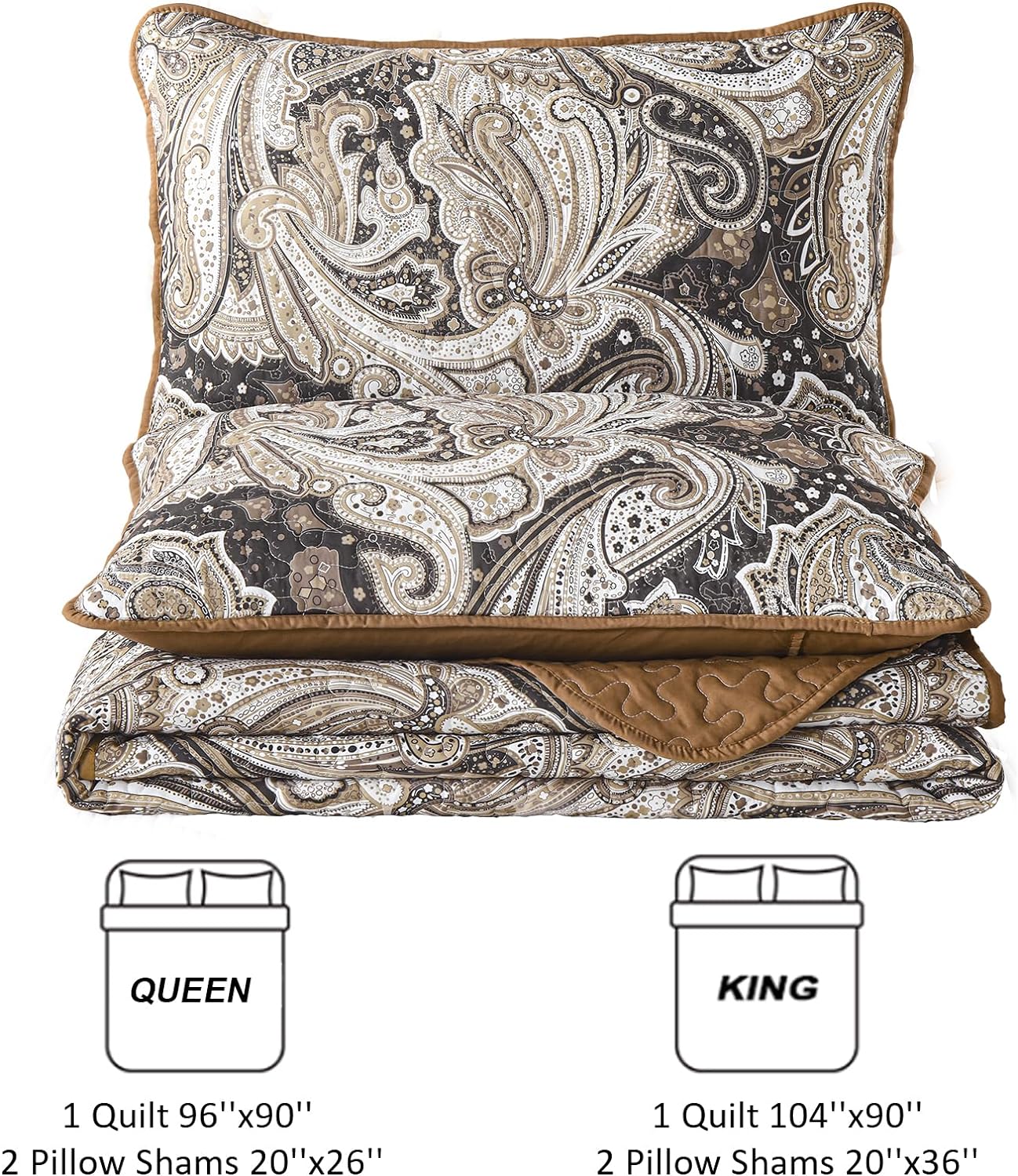 WONGS BEDDING Brown Quilt Set Queen Size,3 Pcs Bohemian Bedspread Set Lightweight Paisley Coverlet(90"x 96")