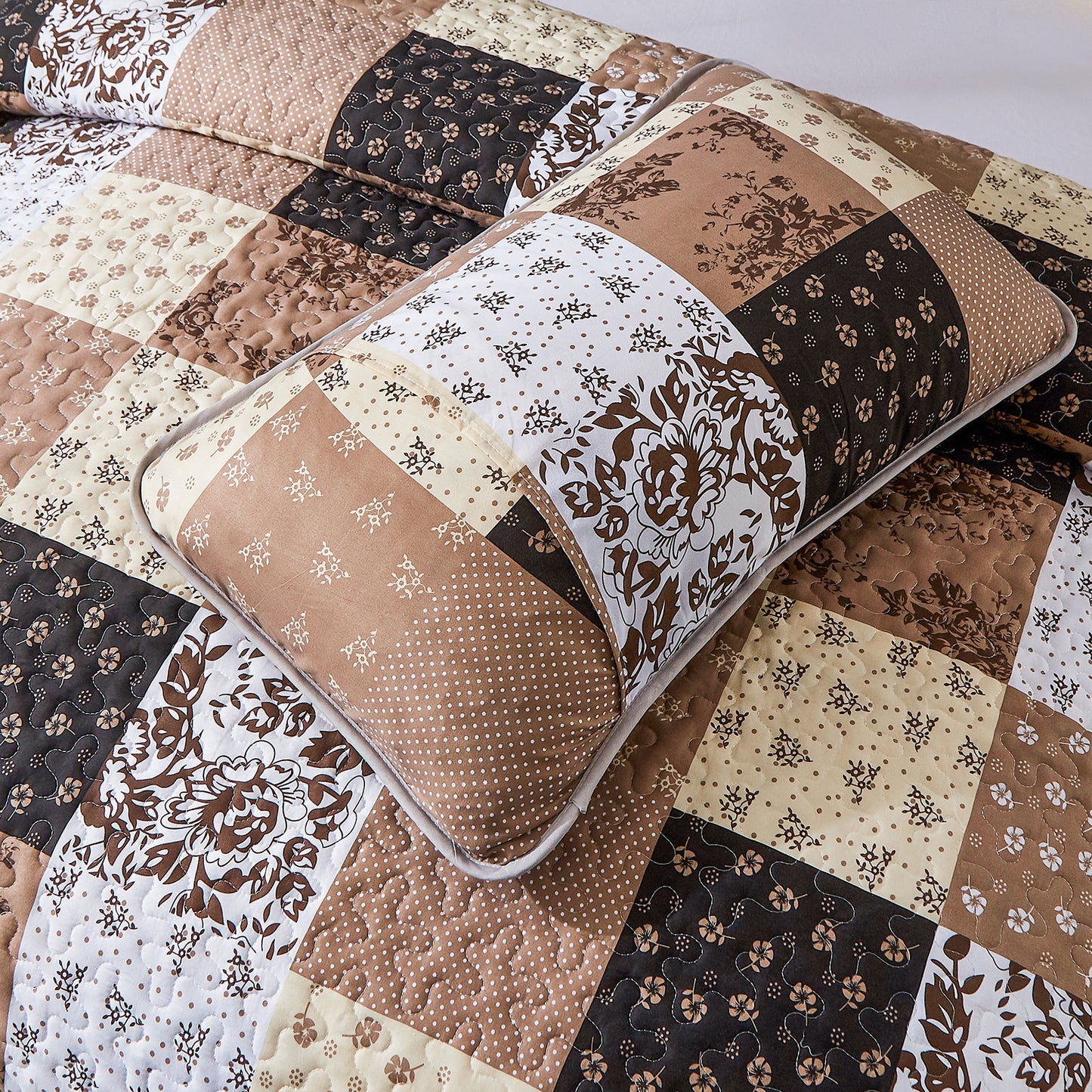 WONGS BEDDING Grid Patchwork Quilt Set Queen Size,3Pcs Bedding Set Soft Lightweight Adult(90"x96")