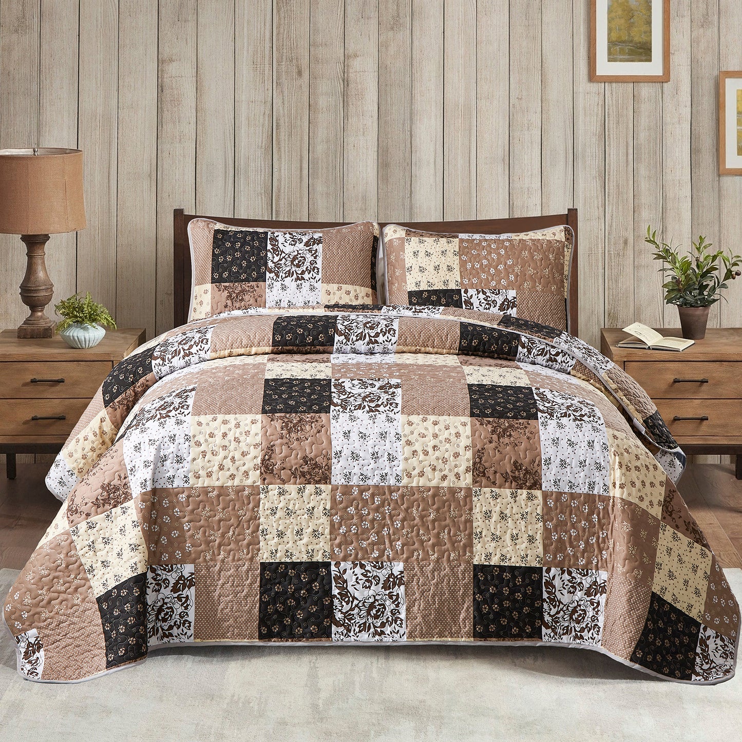 WONGS BEDDING Grid Patchwork Quilt Set Queen Size,3Pcs Bedding Set Soft Lightweight Adult(90"x96")