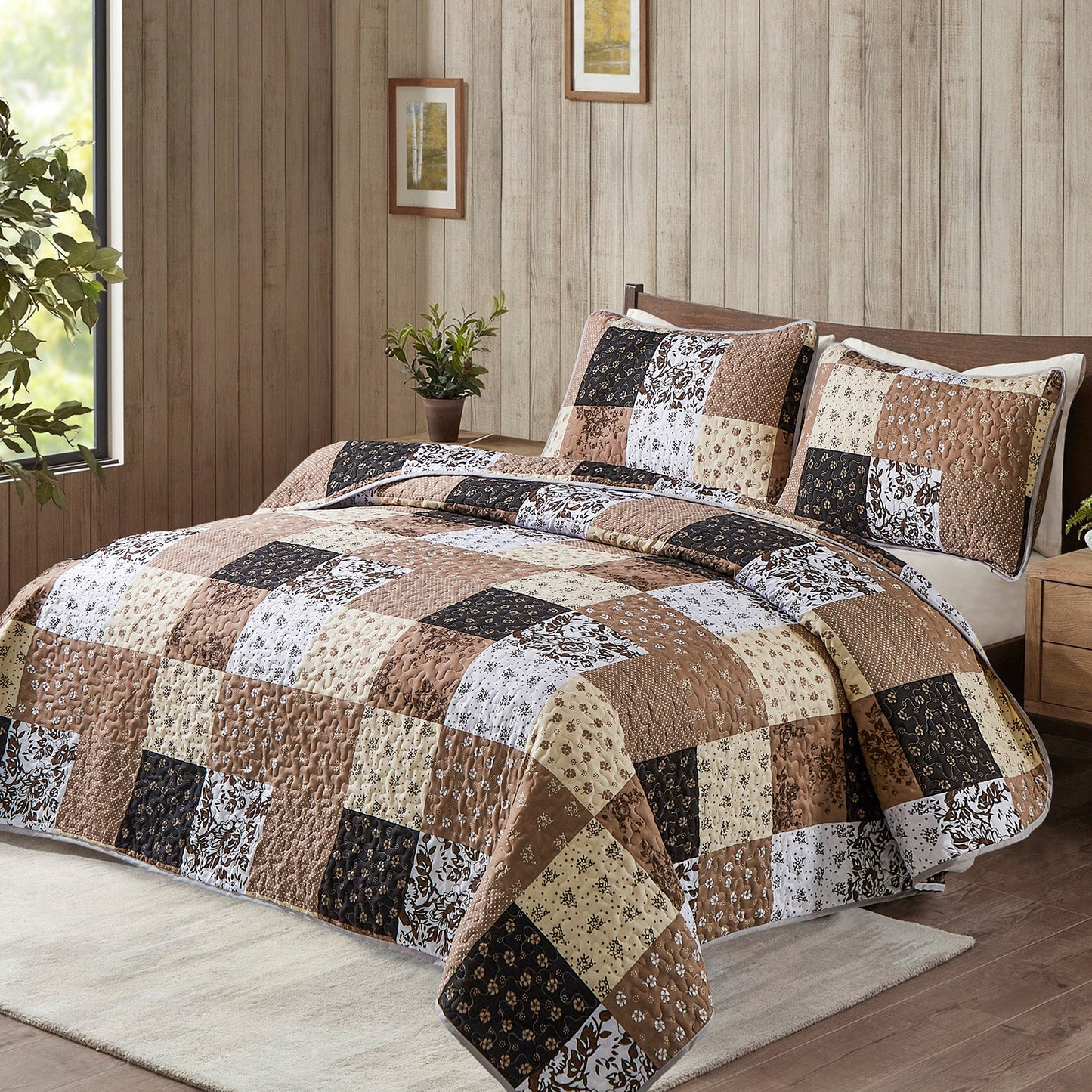 WONGS BEDDING Grid Patchwork Quilt Set Queen Size,3Pcs Bedding Set Soft Lightweight Adult(90"x96")