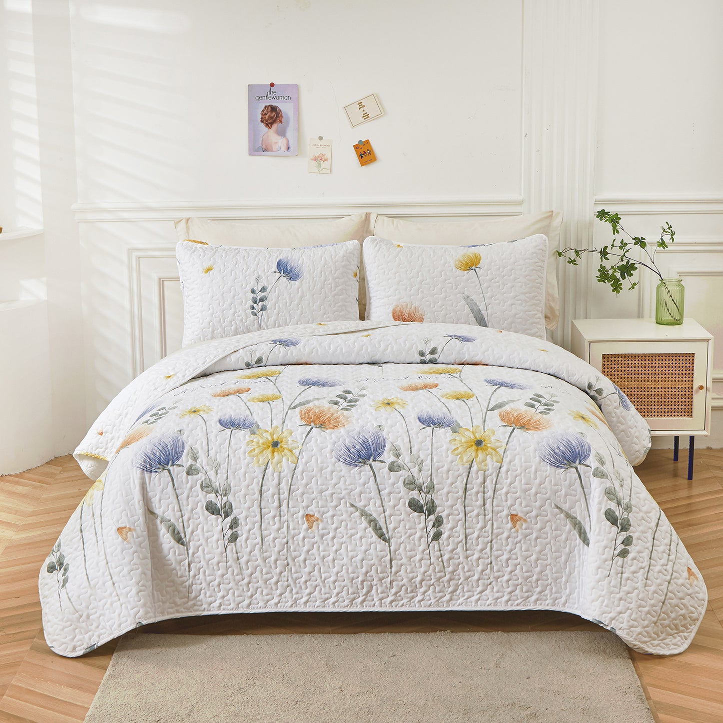 WONGS BEDDING Floral Quilt Set Queen Size,3 Pcs Blue Bedspread Set Lightweight Coverlet for All Seasons(90"x 96")