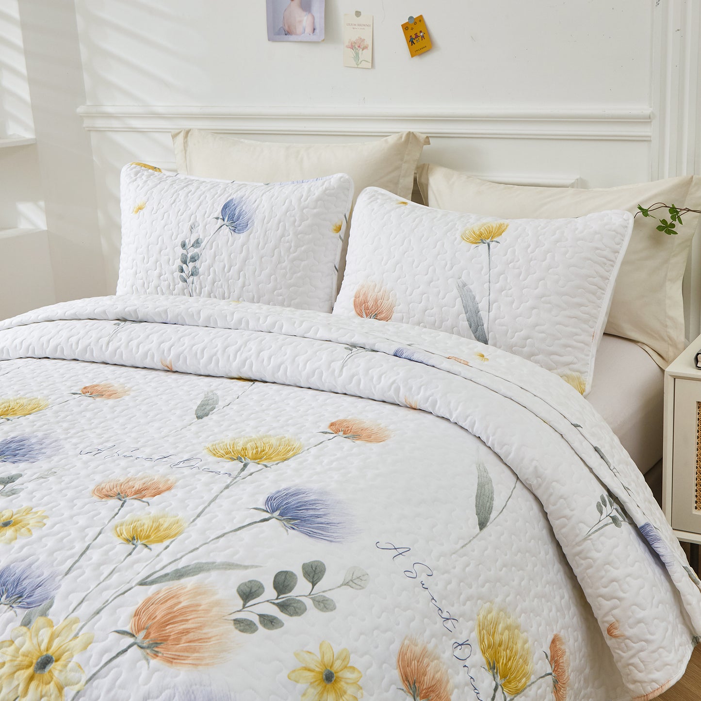 WONGS BEDDING Floral Quilt Set Queen Size,3 Pcs Blue Bedspread Set Lightweight Coverlet for All Seasons(90"x 96")