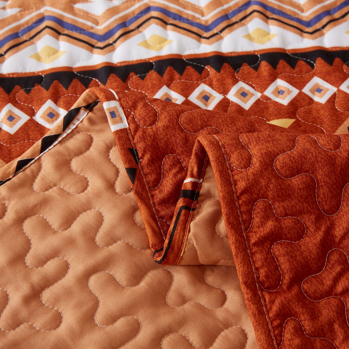WONGS BEDDING Boho Quilt Set Queen Size,3Pcs Rust Bohemia Bedding Set Lightweight Adult(90"x 96")