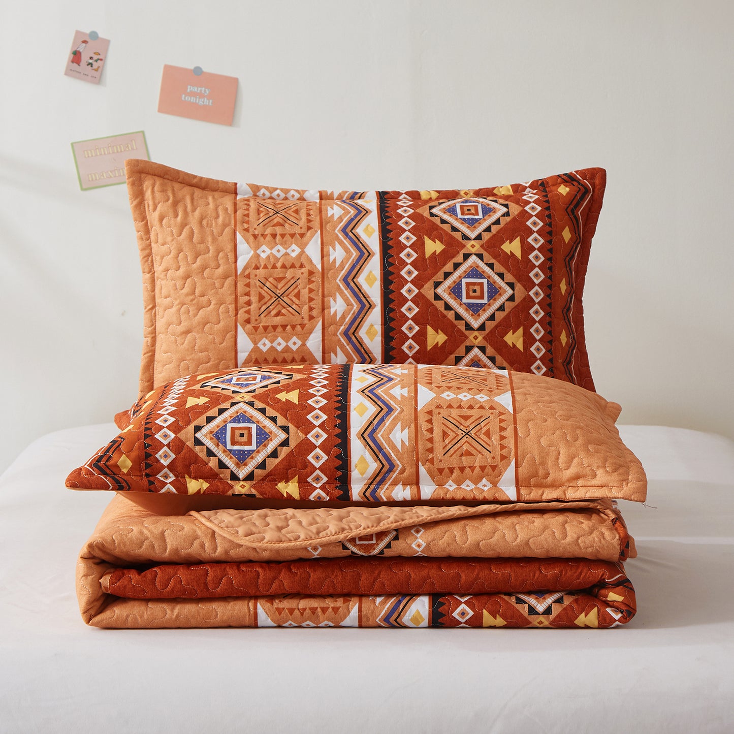 WONGS BEDDING Boho Quilt Set Queen Size,3Pcs Rust Bohemia Bedding Set Lightweight Adult(90"x 96")