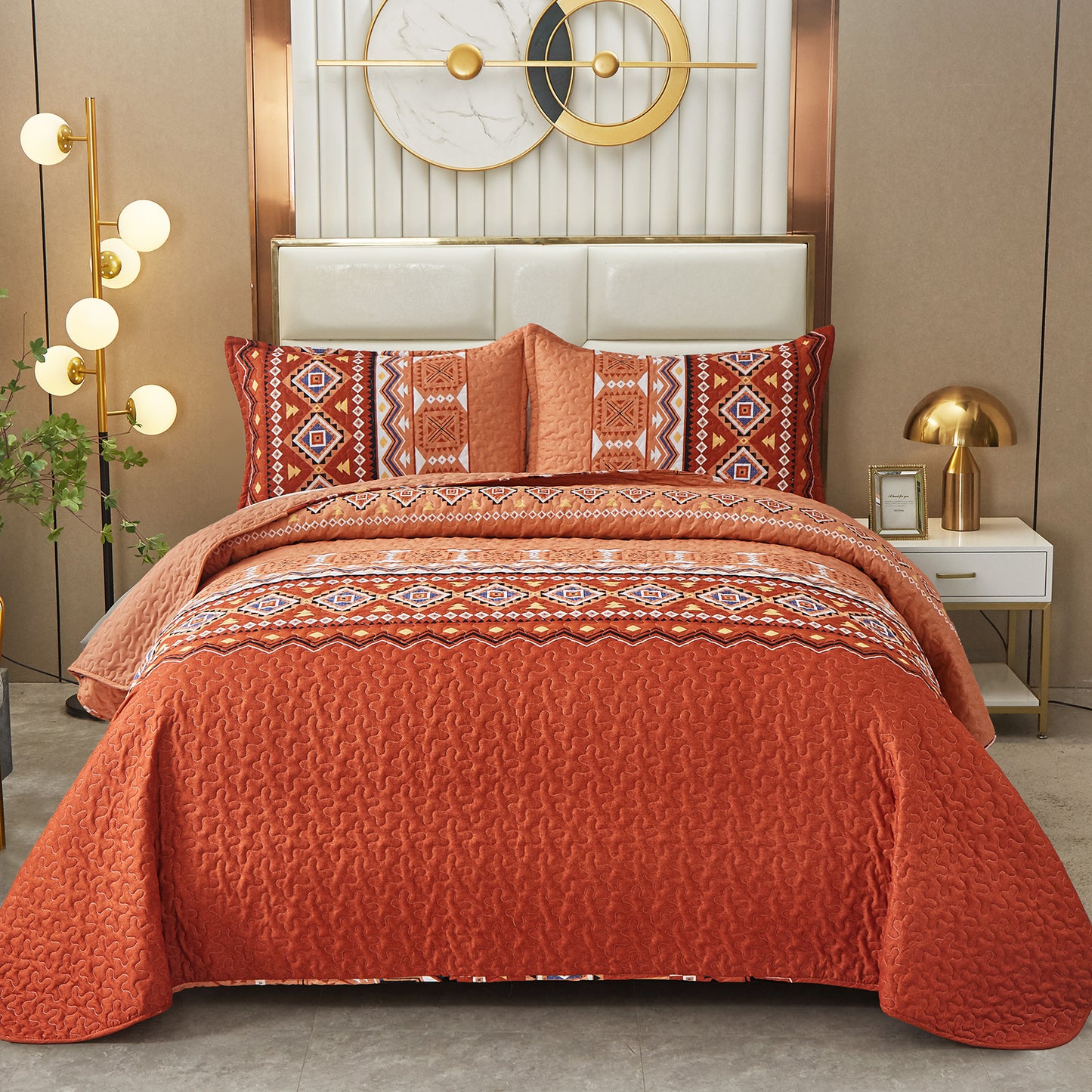WONGS BEDDING Boho Quilt Set Queen Size,3Pcs Rust Bohemia Bedding Set Lightweight Adult(90"x 96")