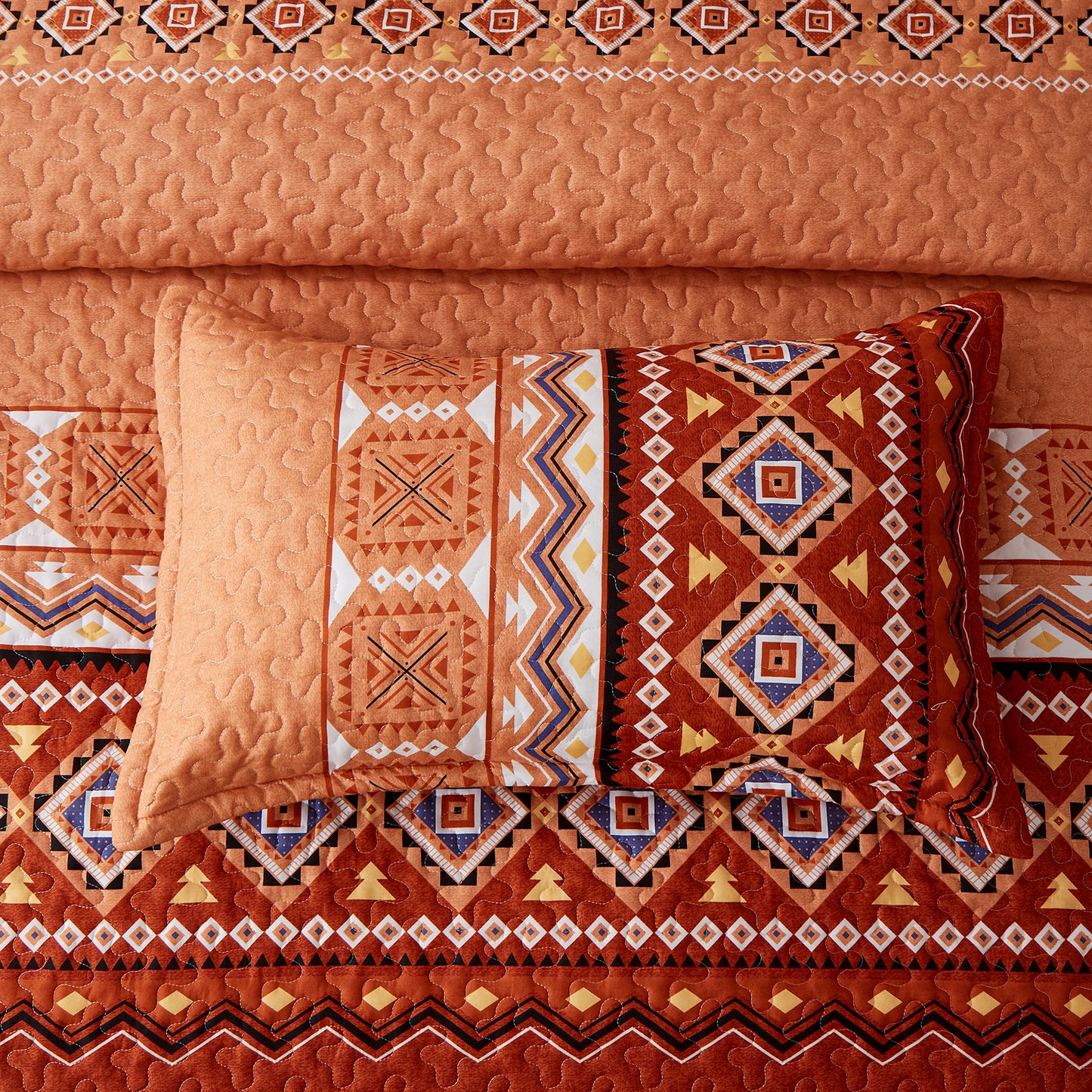 WONGS BEDDING Boho Quilt Set Queen Size,3Pcs Rust Bohemia Bedding Set Lightweight Adult(90"x 96")
