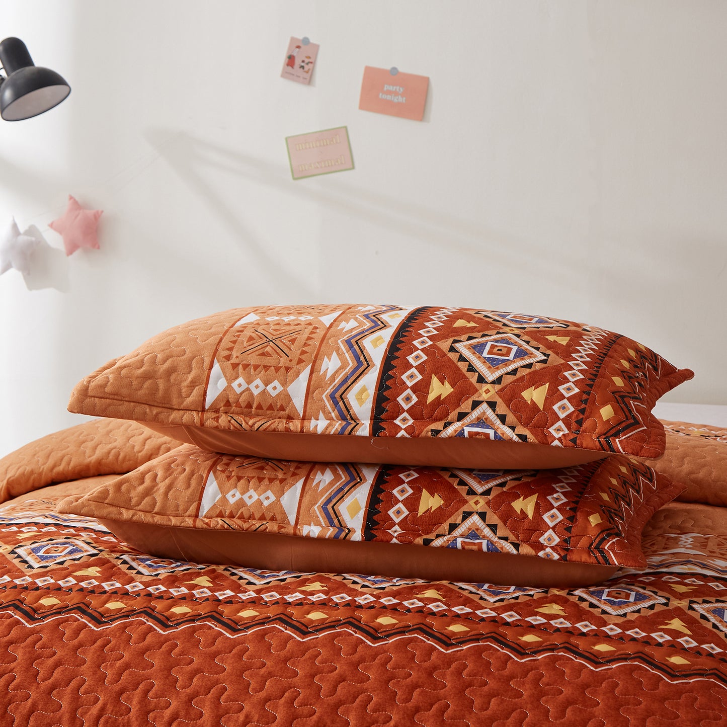 WONGS BEDDING Boho Quilt Set Queen Size,3Pcs Rust Bohemia Bedding Set Lightweight Adult(90"x 96")
