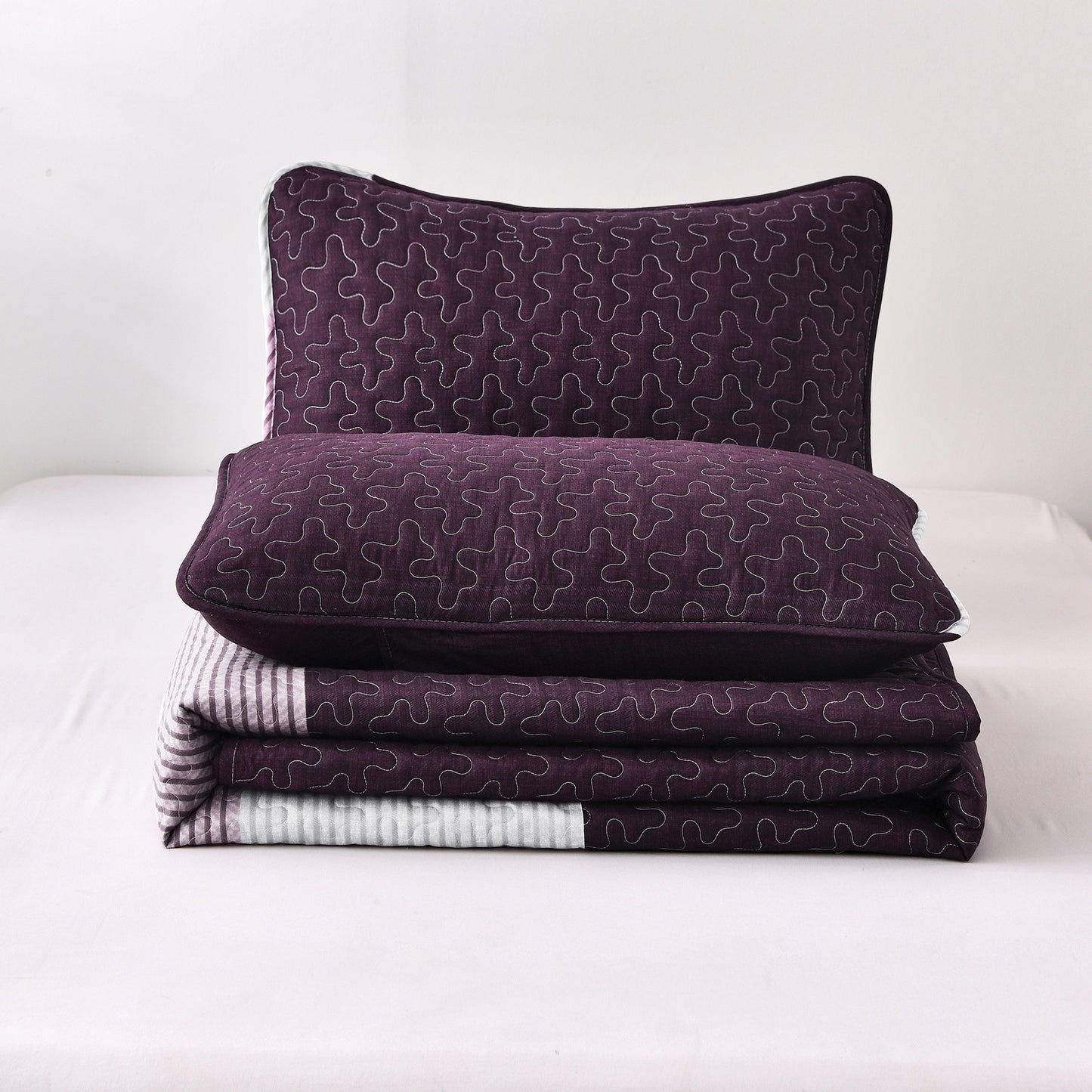 WONGS BEDDING Purple Quilt Set Queen Size,3 Pcs Bohemian Stripe Bedspread Set Lightweight Coverlet(90"x 96")
