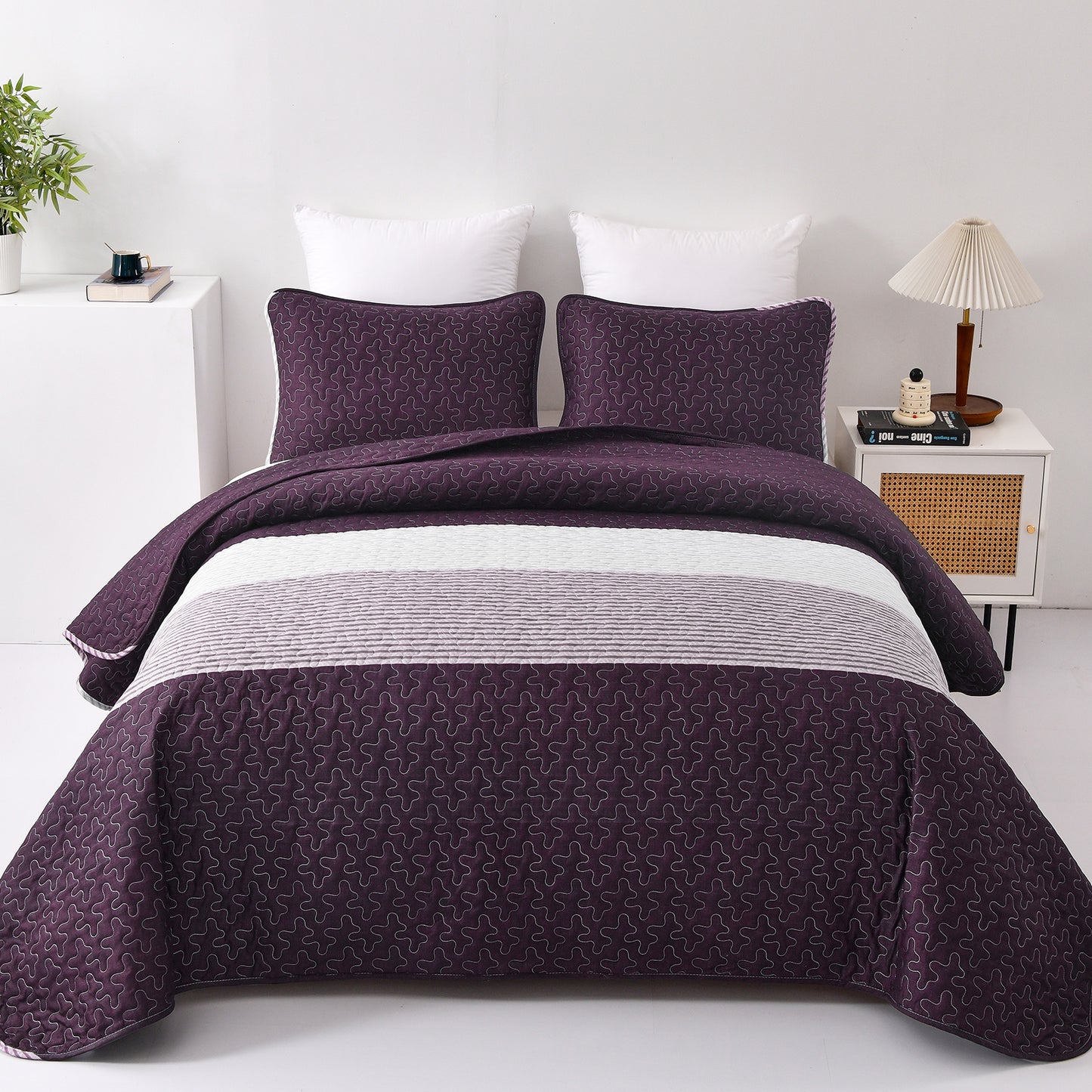 WONGS BEDDING Purple Quilt Set Queen Size,3 Pcs Bohemian Stripe Bedspread Set Lightweight Coverlet(90"x 96")