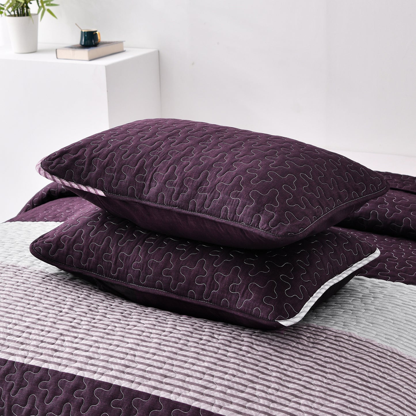 WONGS BEDDING Purple Quilt Set Queen Size,3 Pcs Bohemian Stripe Bedspread Set Lightweight Coverlet(90"x 96")