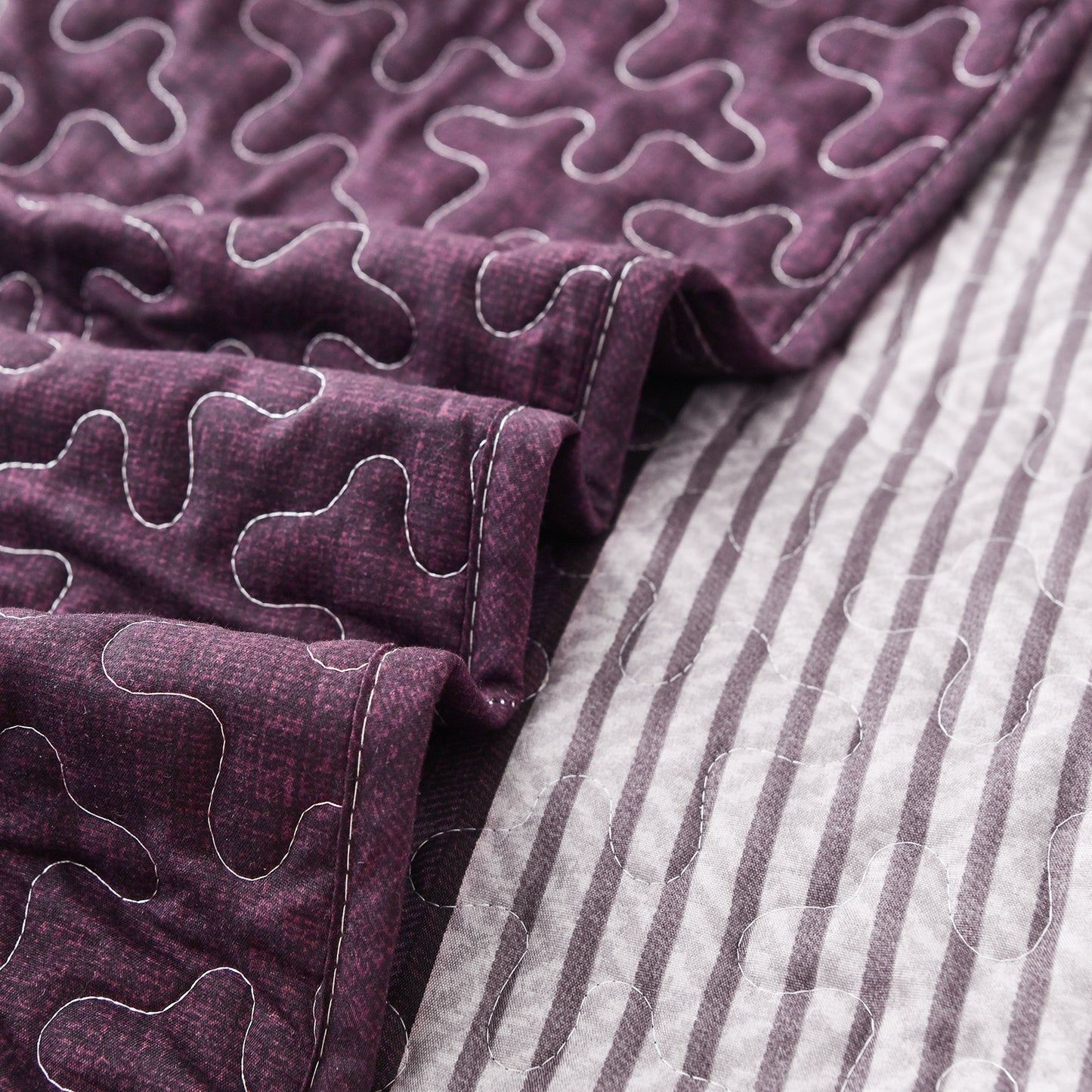 WONGS BEDDING Purple Quilt Set Queen Size,3 Pcs Bohemian Stripe Bedspread Set Lightweight Coverlet(90"x 96")