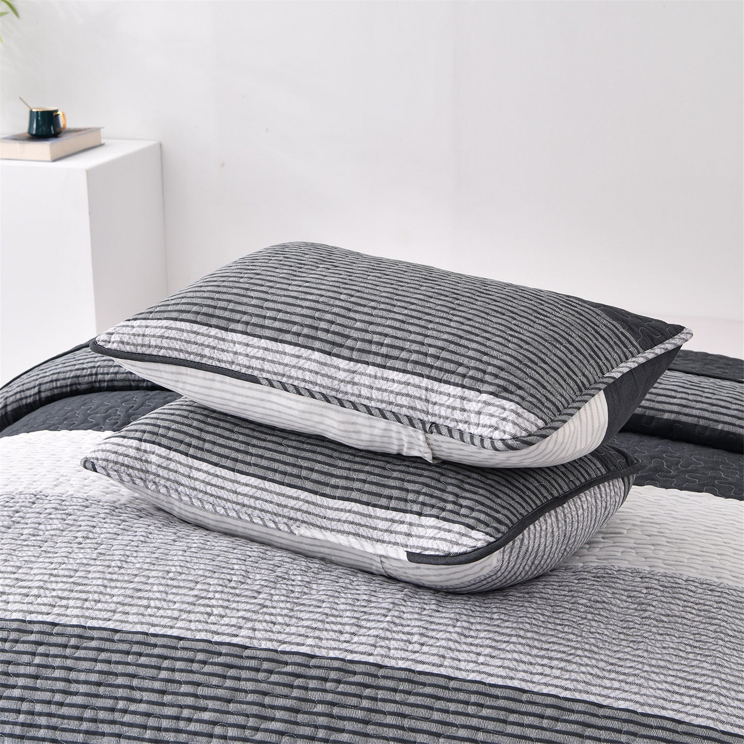 WONGS BEDDING Gray Quilt Set Queen Size,3 Pcs Bohemian Stripe Bedspread Set Lightweight Coverlet(90"x 96")