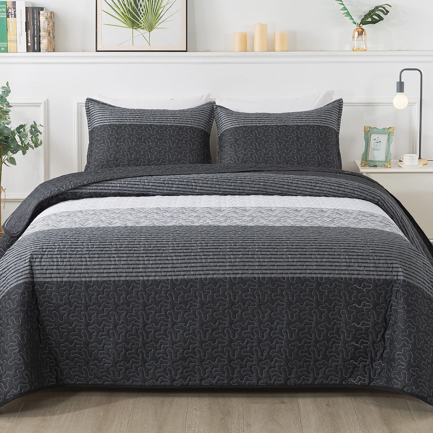 WONGS BEDDING Gray Quilt Set Queen Size,3 Pcs Bohemian Stripe Bedspread Set Lightweight Coverlet(90"x 96")