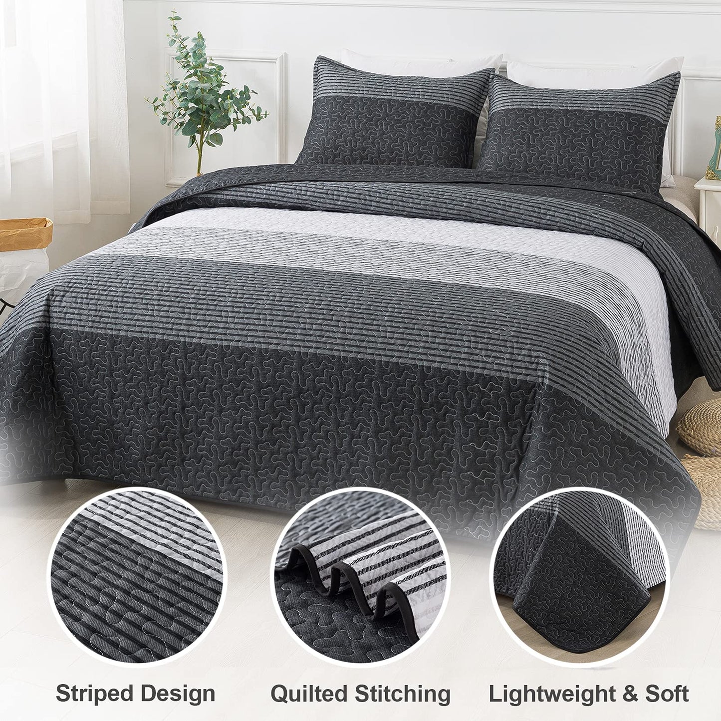 WONGS BEDDING Gray Quilt Set Queen Size,3 Pcs Bohemian Stripe Bedspread Set Lightweight Coverlet(90"x 96")