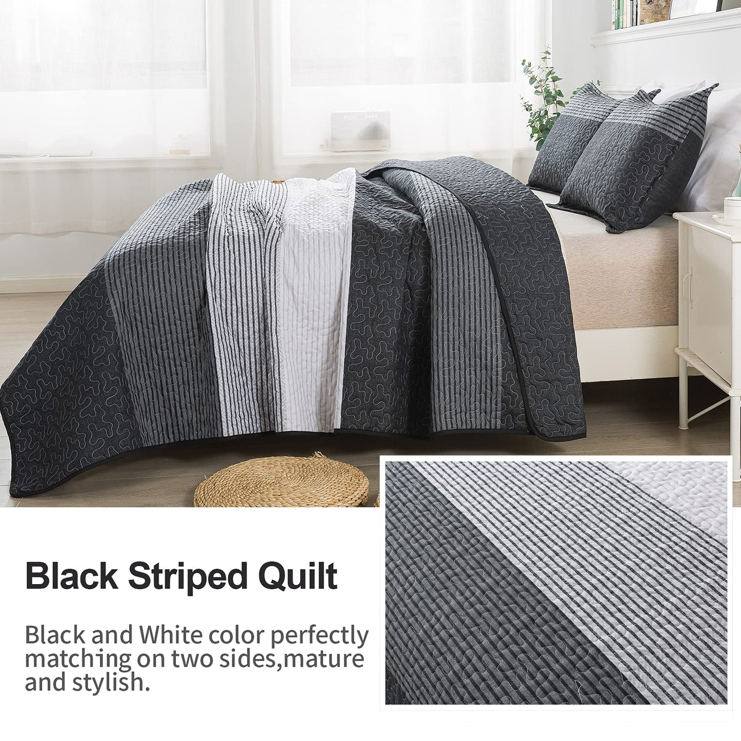 WONGS BEDDING Gray Quilt Set Queen Size,3 Pcs Bohemian Stripe Bedspread Set Lightweight Coverlet(90"x 96")
