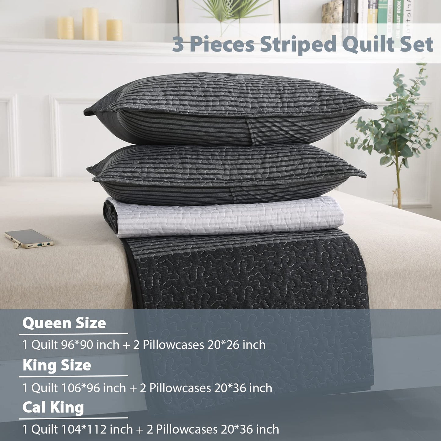 WONGS BEDDING Gray Quilt Set Queen Size,3 Pcs Bohemian Stripe Bedspread Set Lightweight Coverlet(90"x 96")