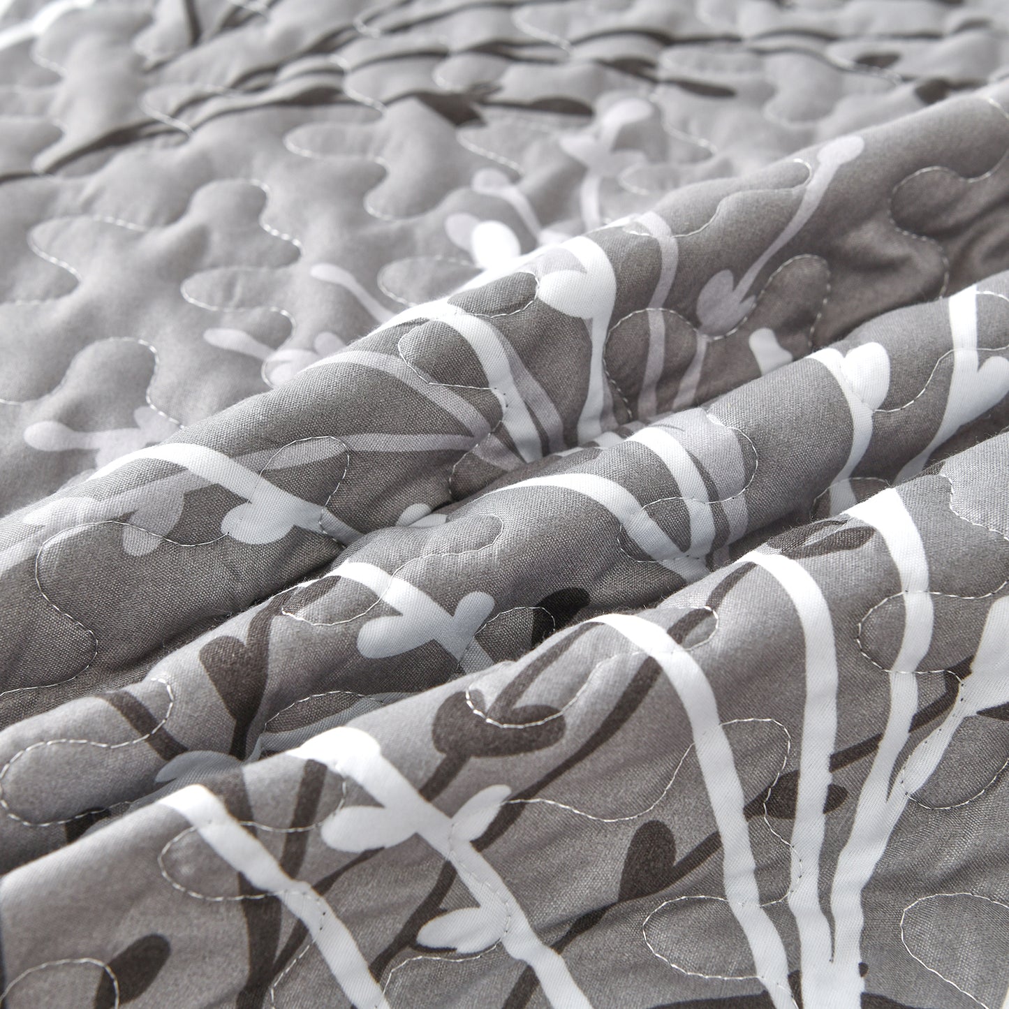 WONGS BEDDING Queen Size Quilt Set Botanical,3Pcs Gray Boho Bedding Set Soft Bedspread Adult(90"x96")