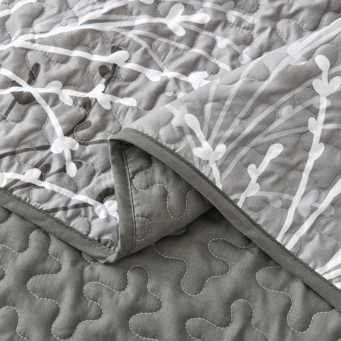 WONGS BEDDING Queen Size Quilt Set Botanical,3Pcs Gray Boho Bedding Set Soft Bedspread Adult(90"x96")