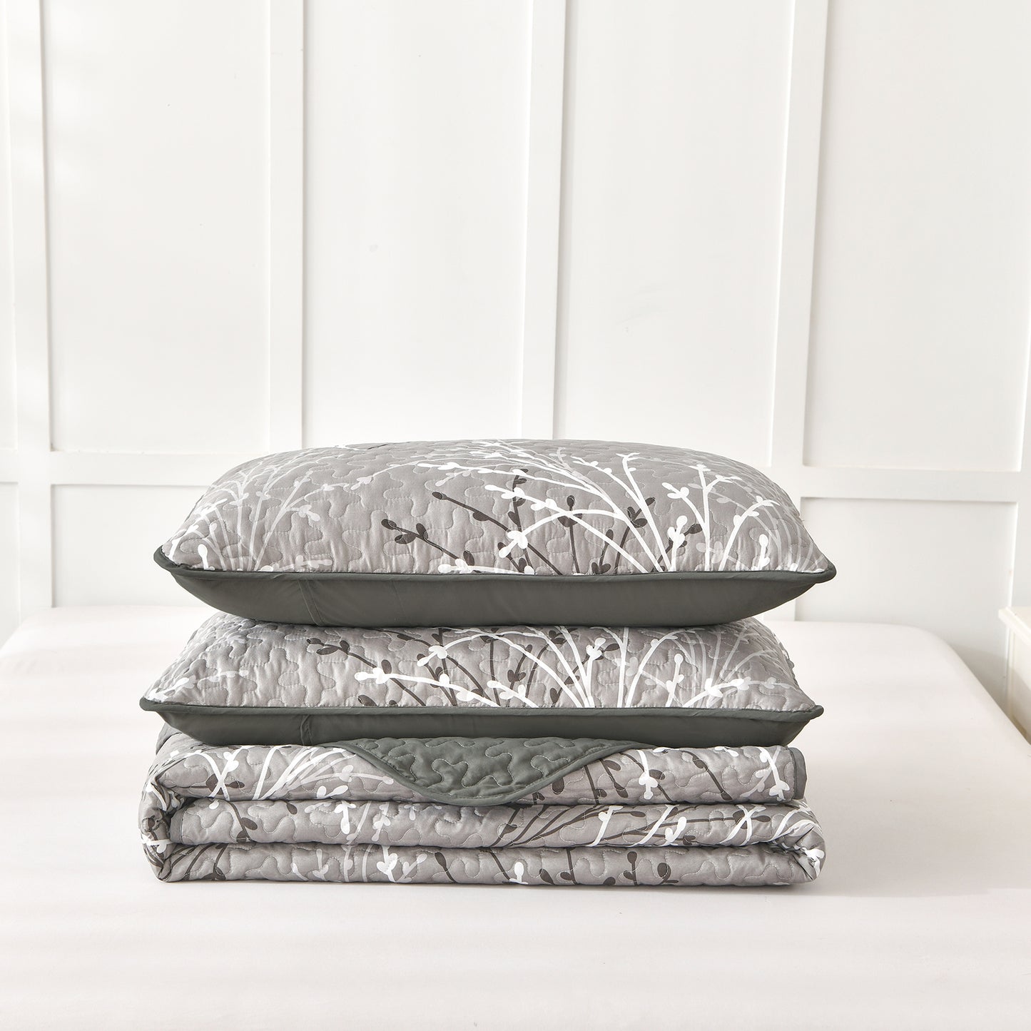 WONGS BEDDING Queen Size Quilt Set Botanical,3Pcs Gray Boho Bedding Set Soft Bedspread Adult(90"x96")