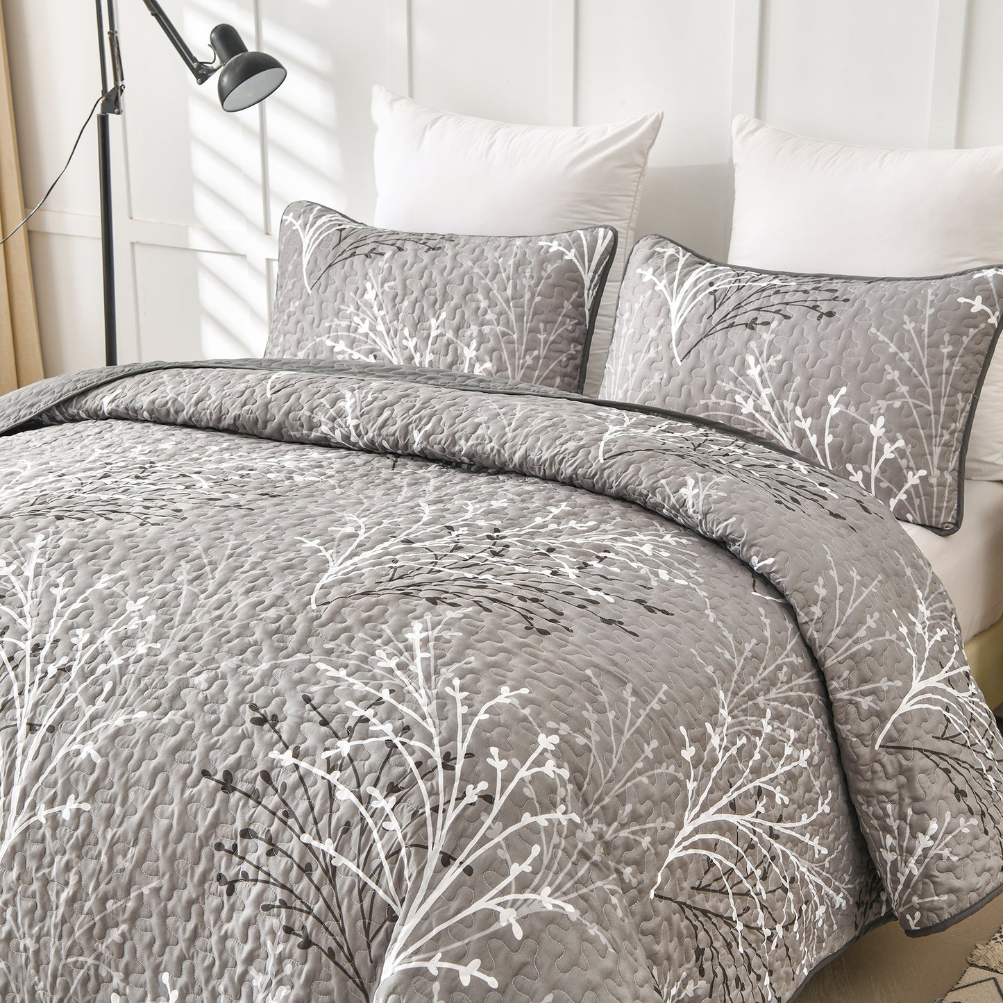 WONGS BEDDING Queen Size Quilt Set Botanical,3Pcs Gray Boho Bedding Set Soft Bedspread Adult(90"x96")