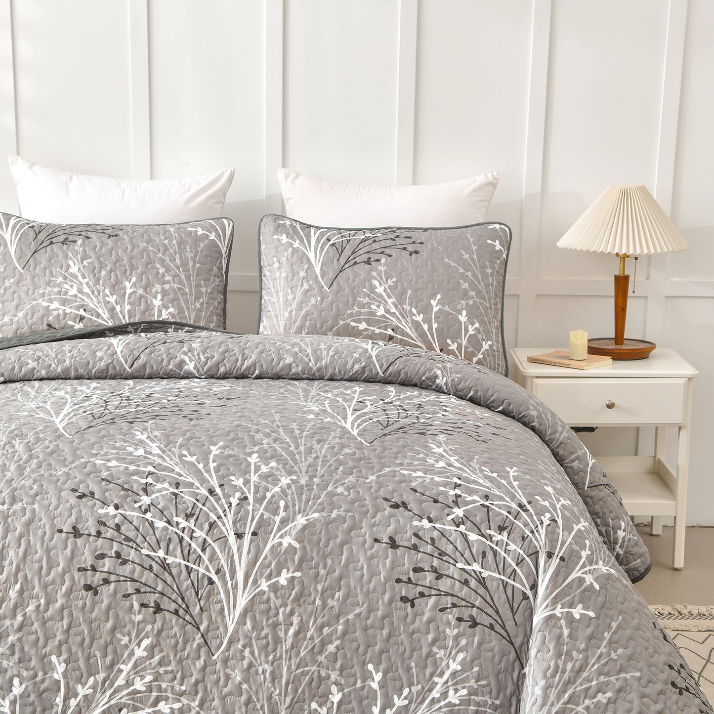 WONGS BEDDING Queen Size Quilt Set Botanical,3Pcs Gray Boho Bedding Set Soft Bedspread Adult(90"x96")
