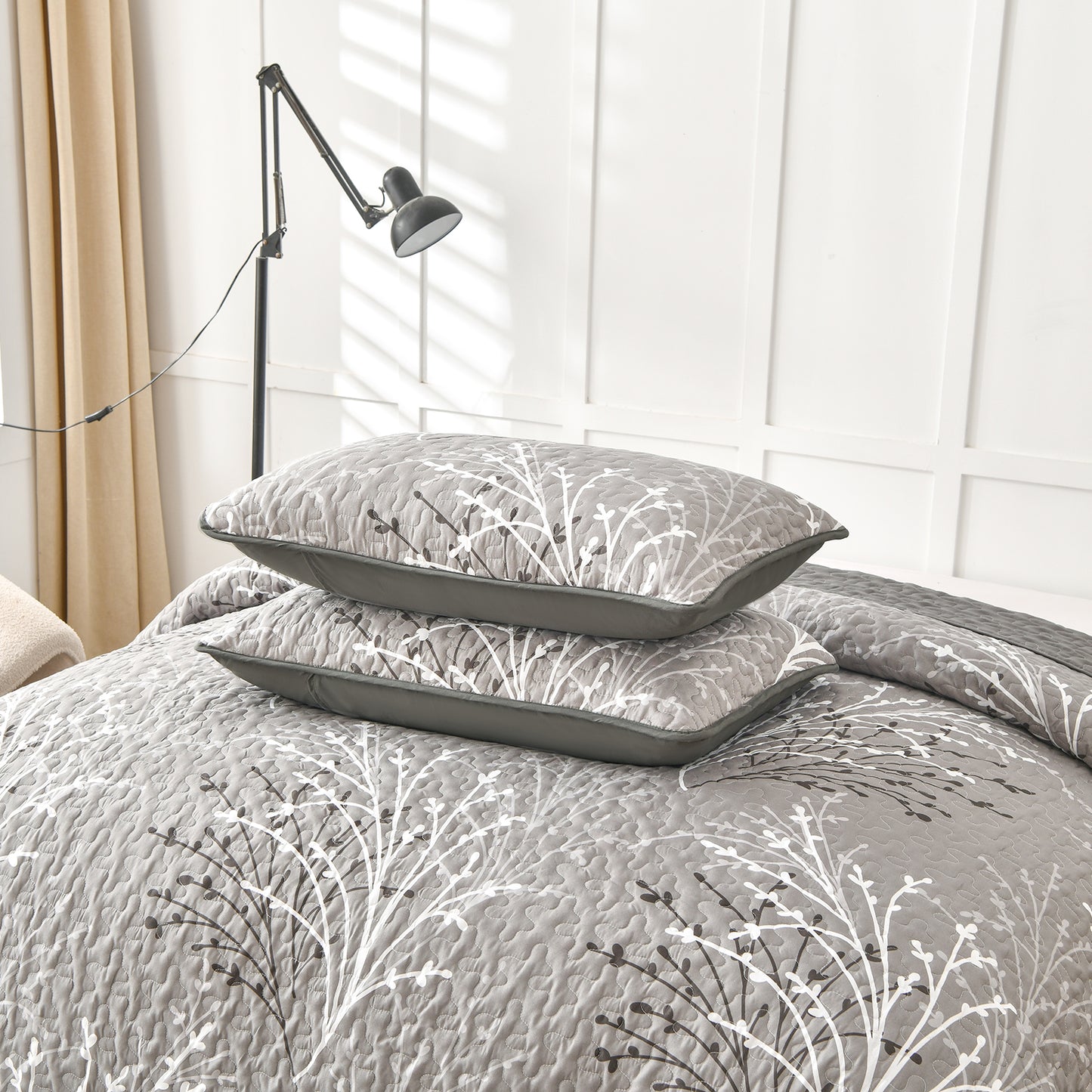 WONGS BEDDING Queen Size Quilt Set Botanical,3Pcs Gray Boho Bedding Set Soft Bedspread Adult(90"x96")