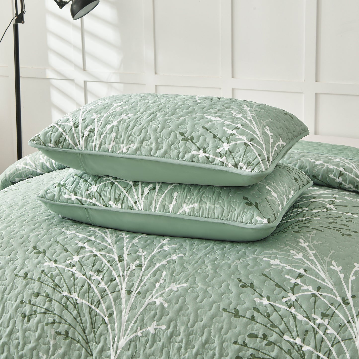 WONGS BEDDING Queen Size Quilt Set Botanical,3Pcs Green Boho Bedding Set Soft Coverlet Adult(90"x96")