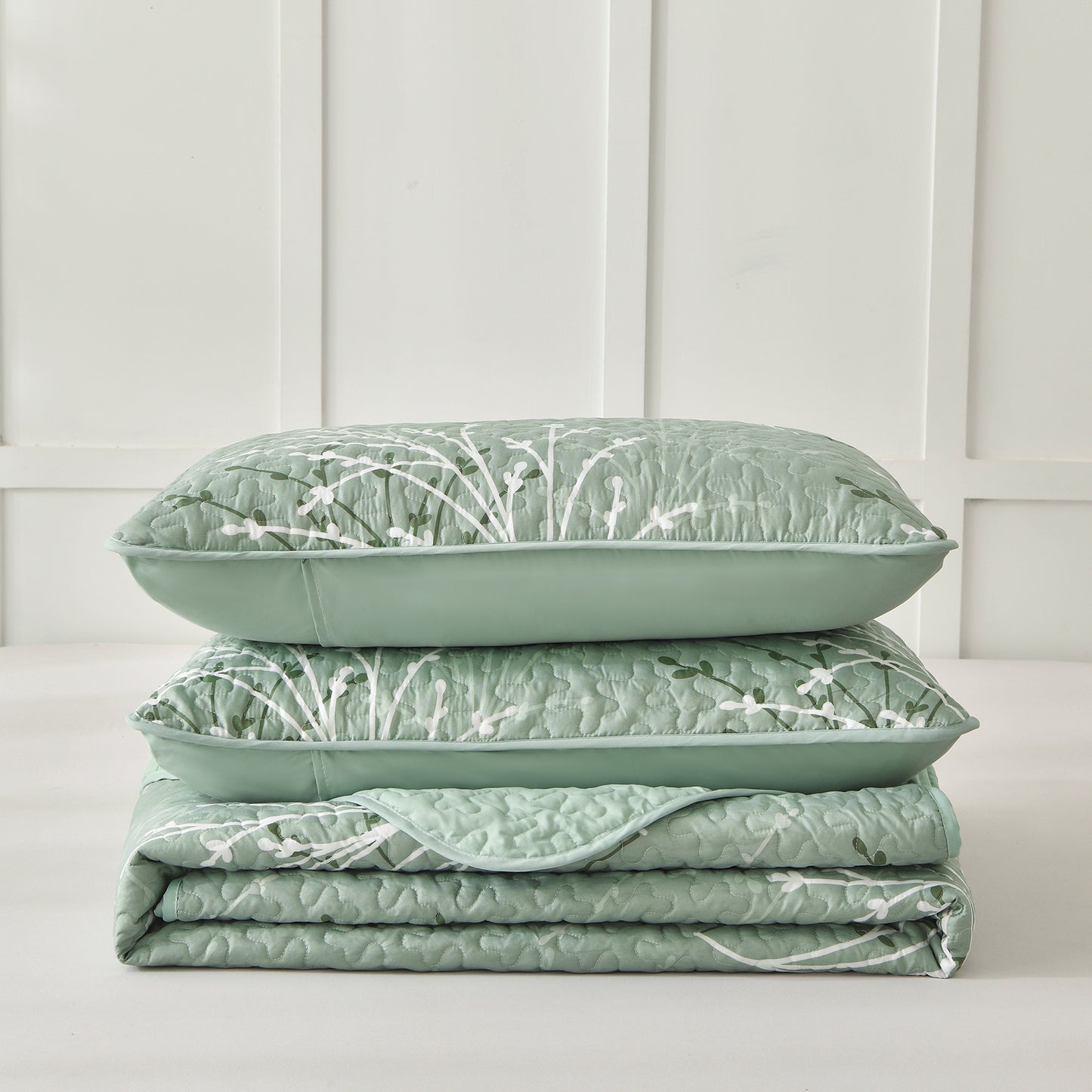 WONGS BEDDING Queen Size Quilt Set Botanical,3Pcs Green Boho Bedding Set Soft Coverlet Adult(90"x96")