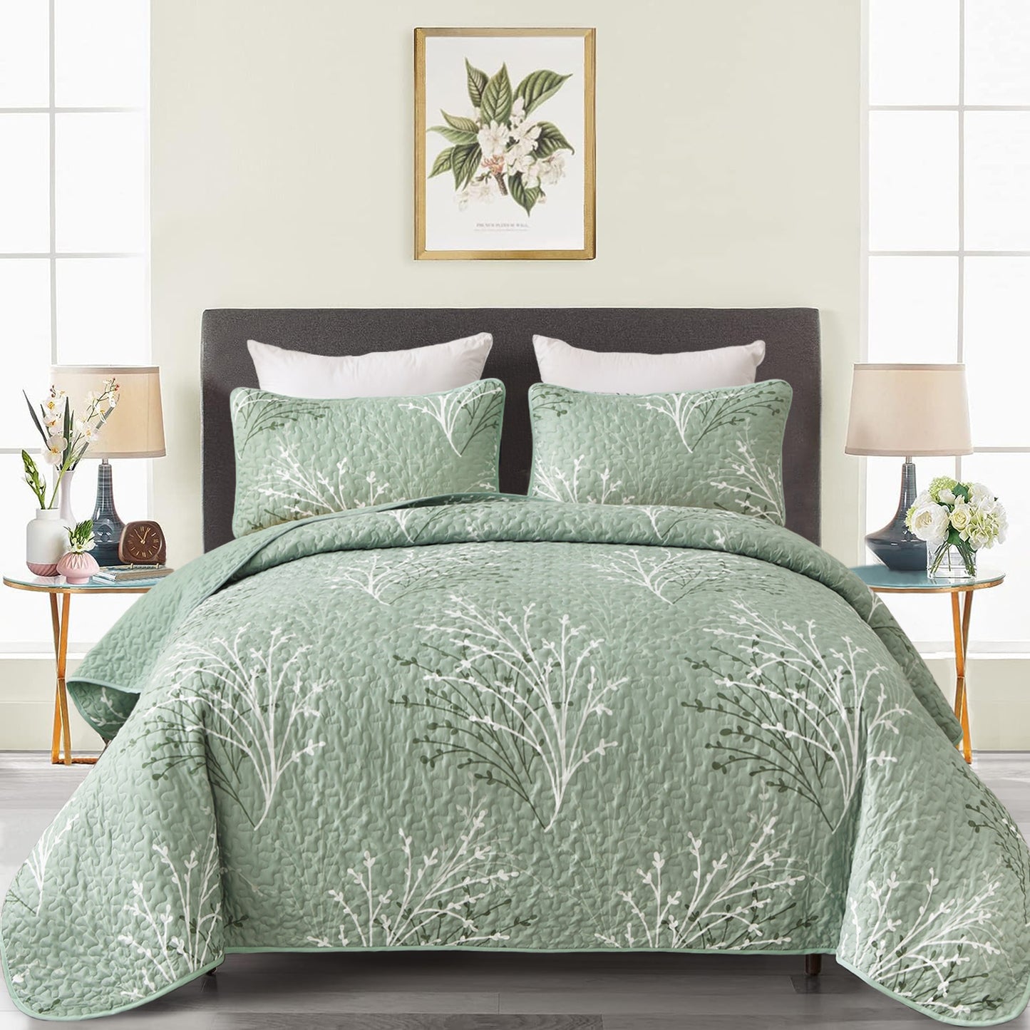 WONGS BEDDING Queen Size Quilt Set Botanical,3Pcs Green Boho Bedding Set Soft Coverlet Adult(90"x96")