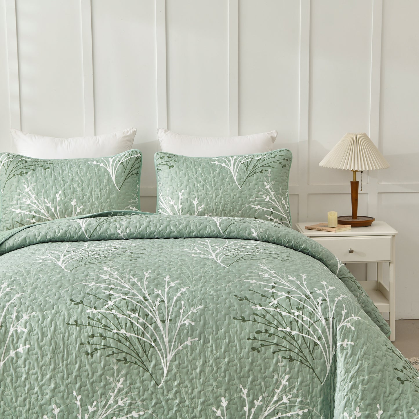 WONGS BEDDING Queen Size Quilt Set Botanical,3Pcs Green Boho Bedding Set Soft Coverlet Adult(90"x96")