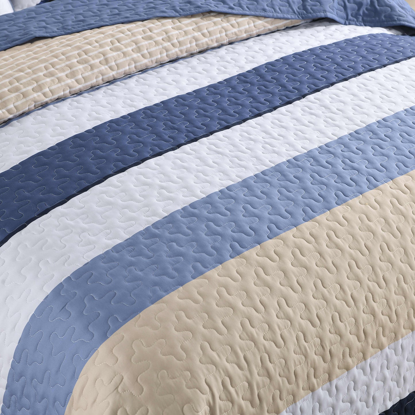 WONGS BEDDING Quilt Set Queen Size Stripe Splicing,3Pcs Boho Bedding Set Soft Bedspread Adult(90"x96")