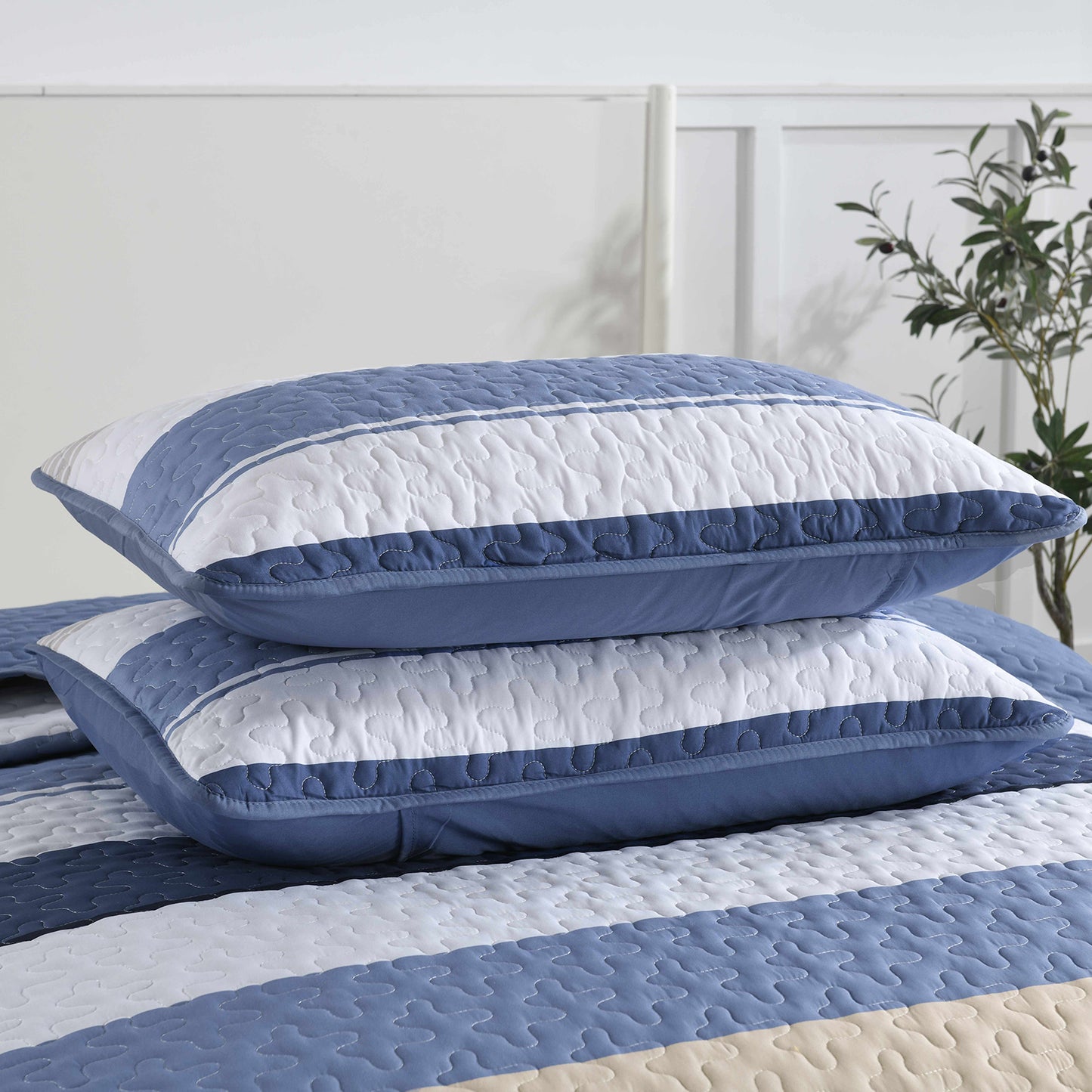 WONGS BEDDING Quilt Set Queen Size Stripe Splicing,3Pcs Boho Bedding Set Soft Bedspread Adult(90"x96")