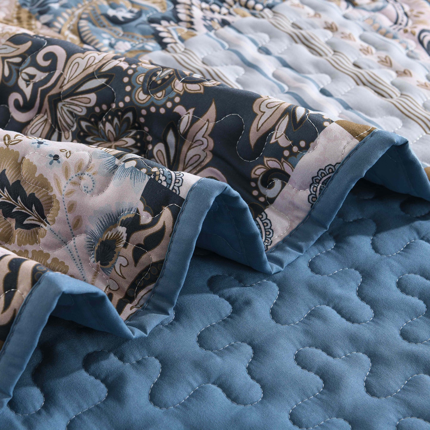 WONGS BEDDING 3pcs Bohemian Patchwork Quilt Set Queen Size,Blue Paisley Coverlet All Ages(90"X96")