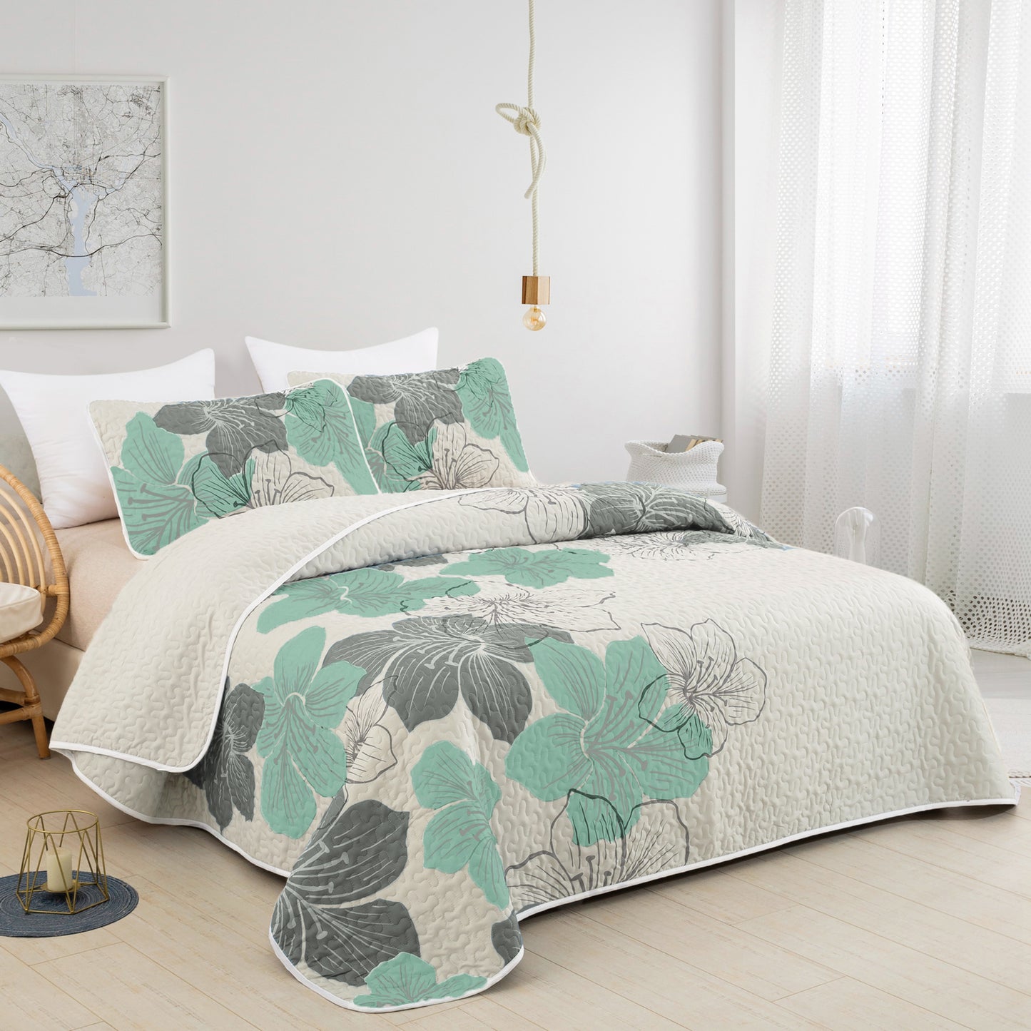 WONGS BEDDING Floral Pattern Quilt Set 3 Pieces Bohemian Bedspread Queen Quilt Set With 2 Pillow Shams