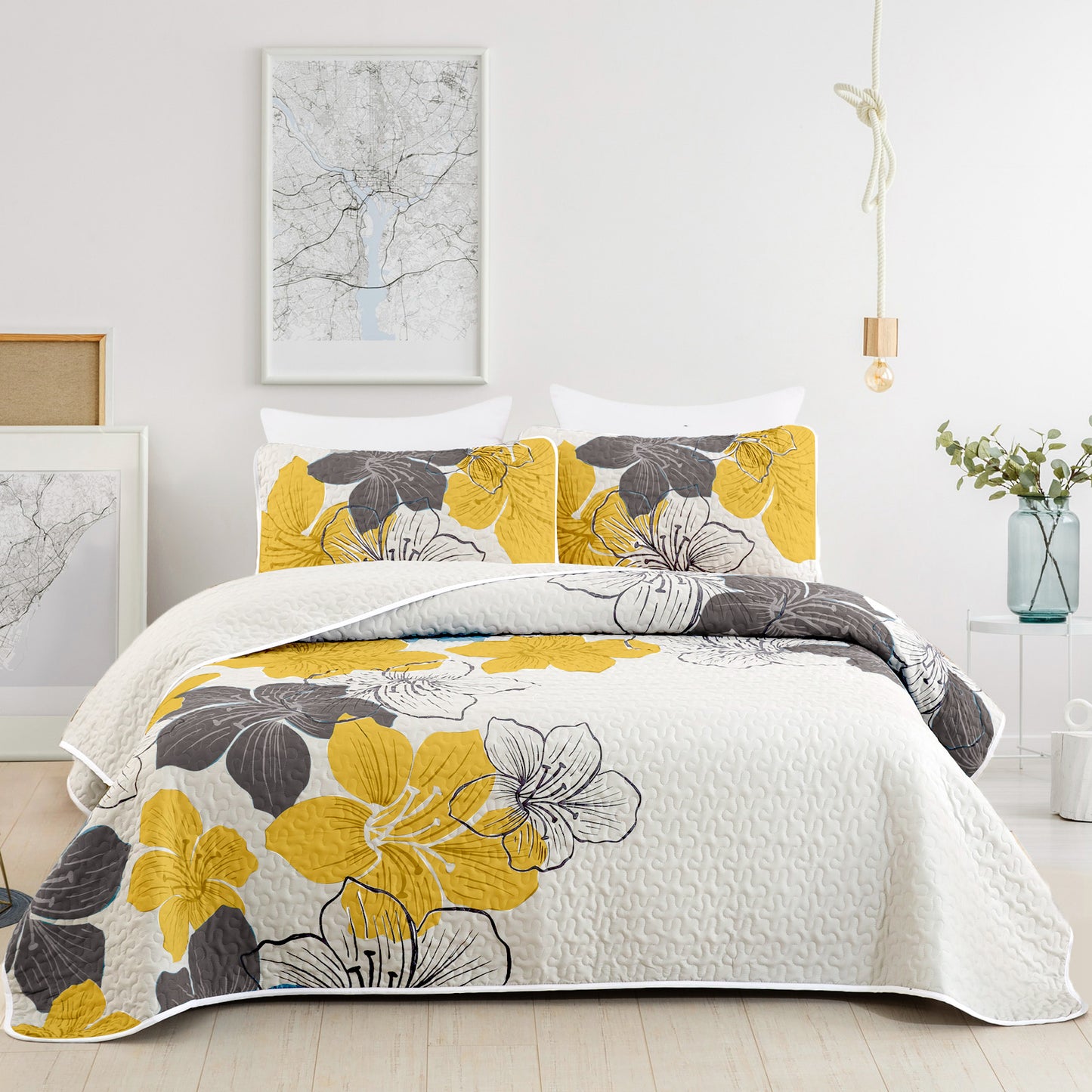 WONGS BEDDING Floral Pattern Quilt Set 3 Pieces Bohemian Bedspread Queen Quilt Set With 2 Pillow Shams