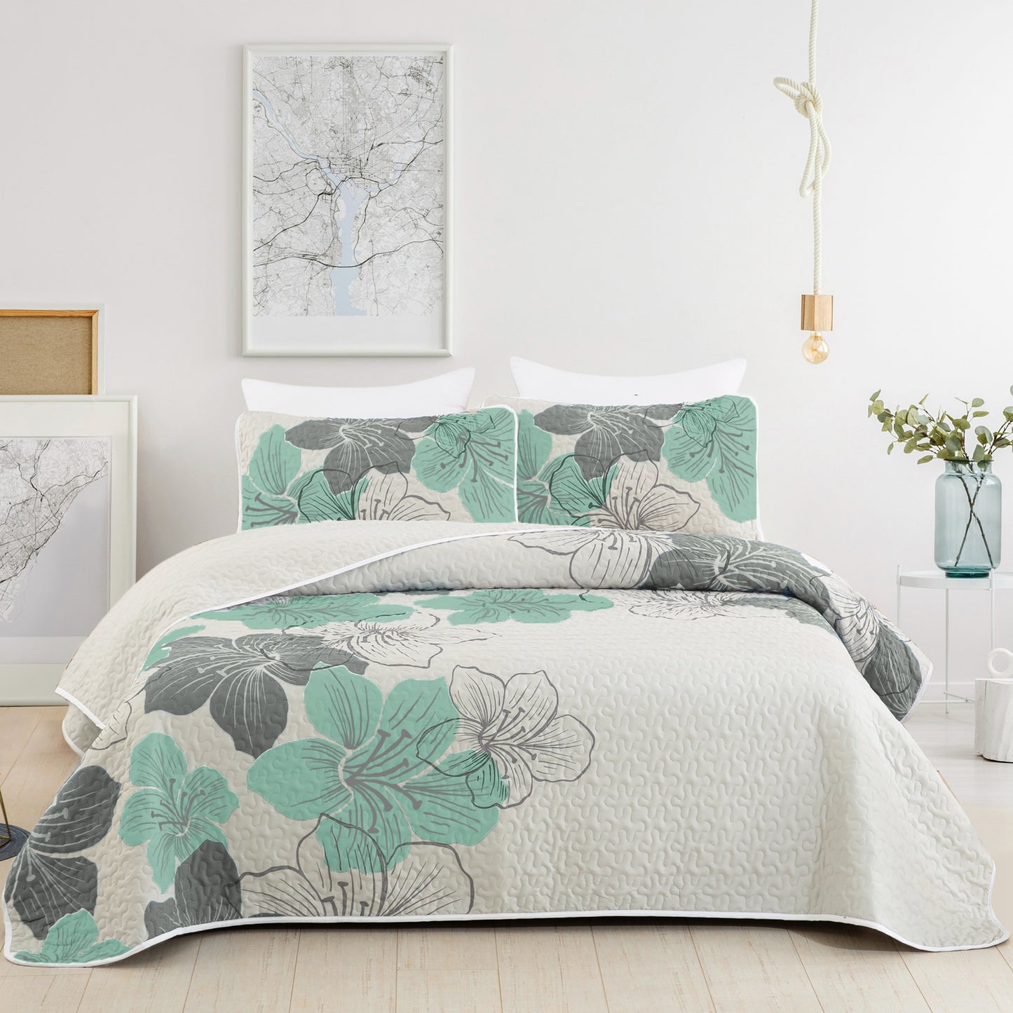 WONGS BEDDING Floral Pattern Quilt Set 3 Pieces Bohemian Bedspread Queen Quilt Set With 2 Pillow Shams