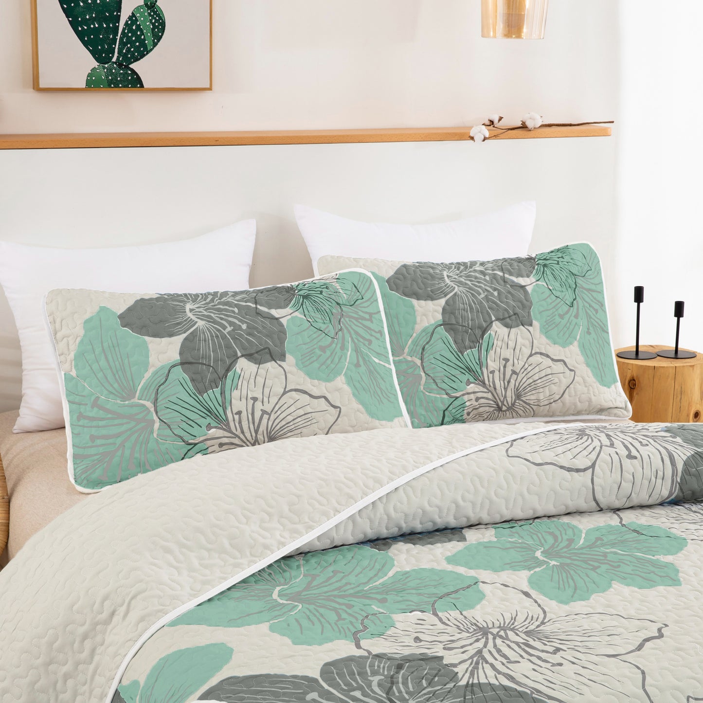 WONGS BEDDING Floral Pattern Quilt Set 3 Pieces Bohemian Bedspread Queen Quilt Set With 2 Pillow Shams