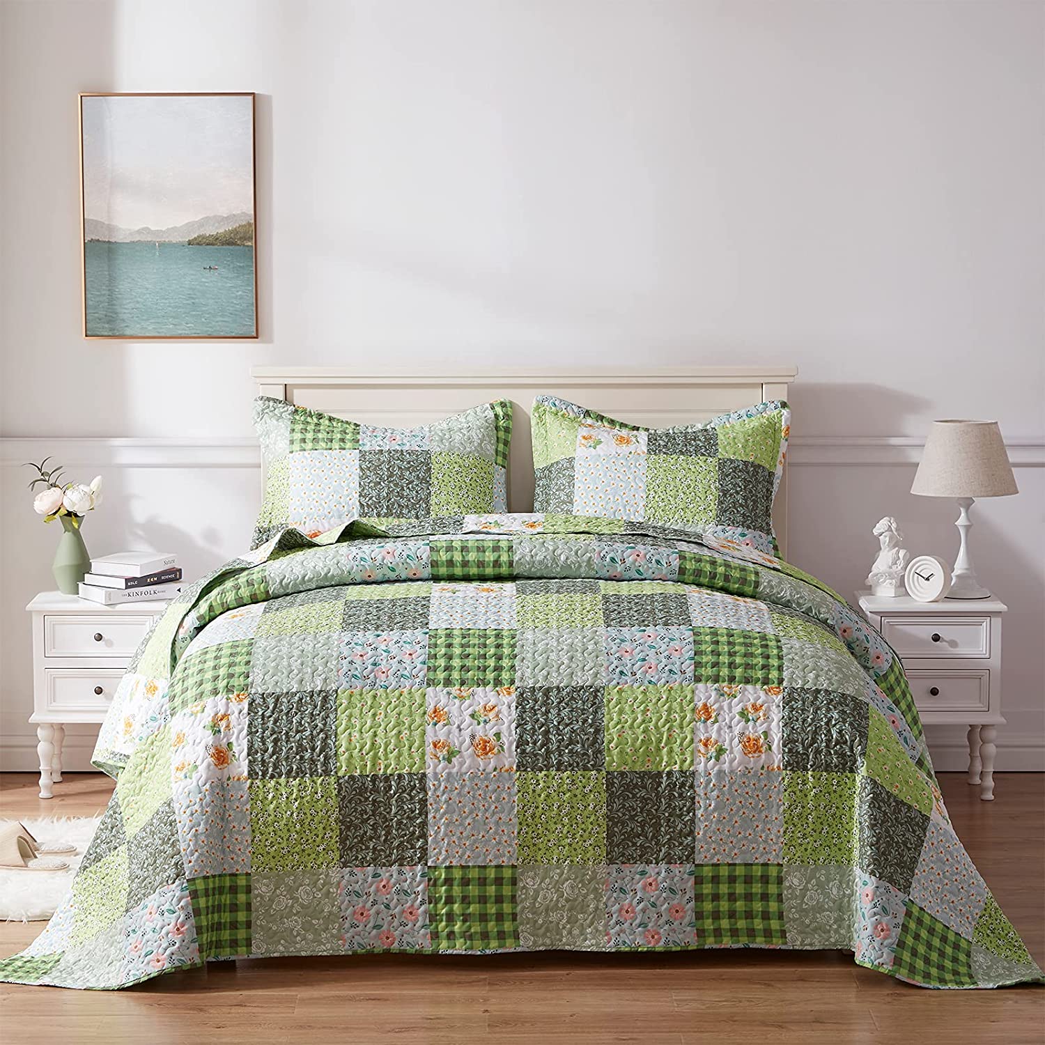 Green Floral Patchwork 3 Pieces Boho Quilt Set with 2 Pillow Shams – Wongs  Bedding