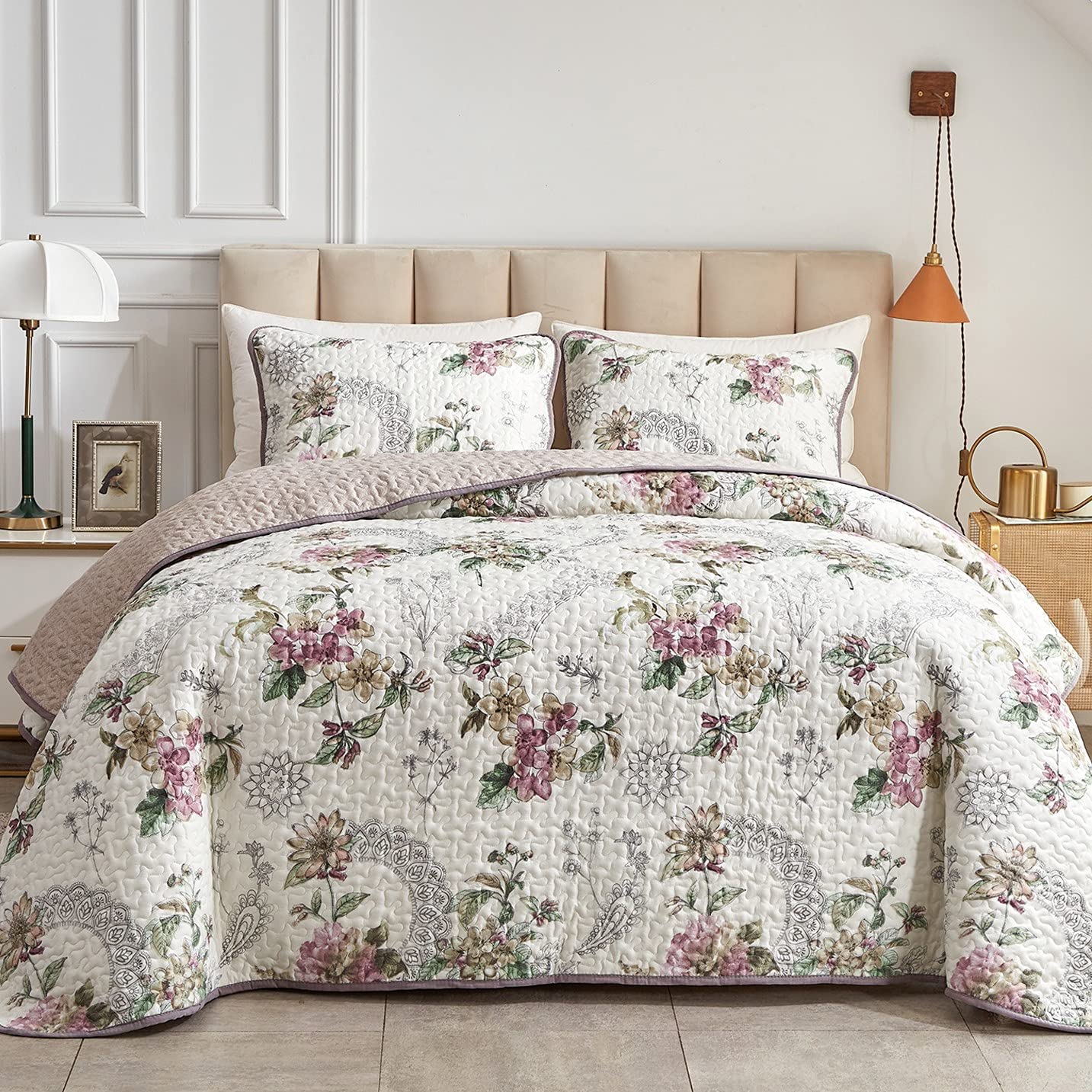 Soft Microfiber Lightweight Beige Floral 3 Pieces Reversible Quilt Set –  Wongs Bedding