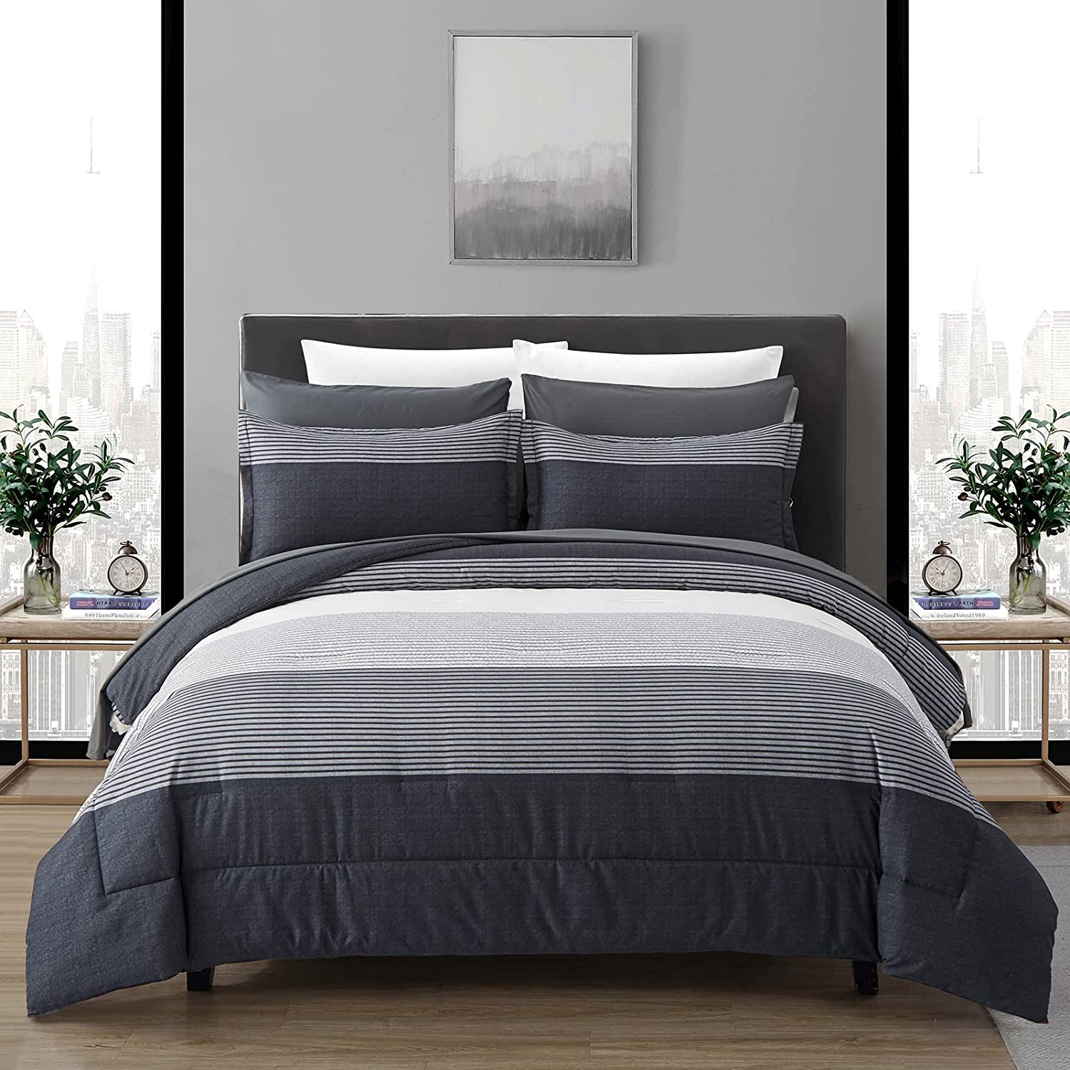 Dark Grey Queen Comforter Set 7 Pieces Stripe Comforter Sets with Comf