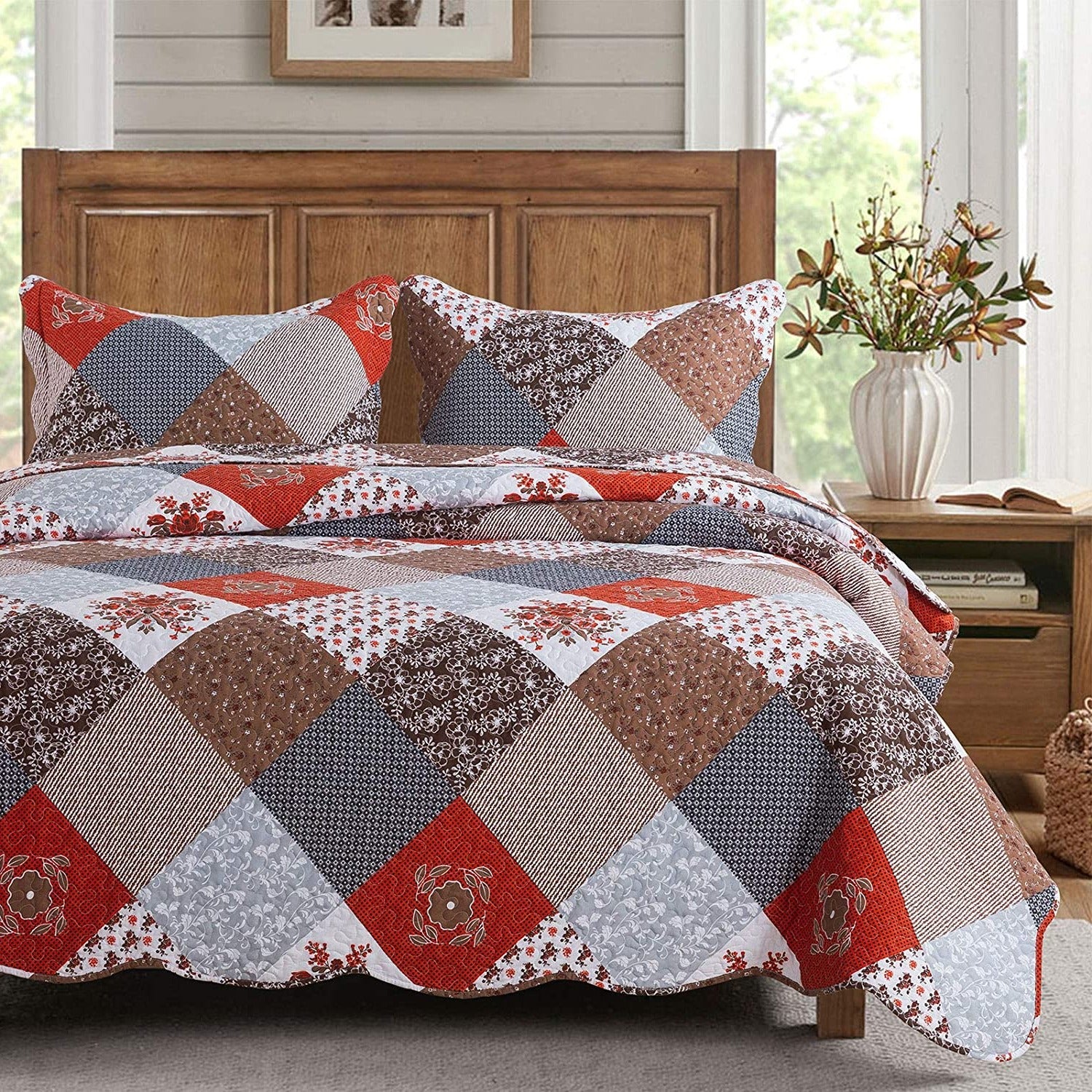Amaranth Red Floral Patchwork Reversible 3 Pieces Floral Quilt Set wit –  Wongs Bedding