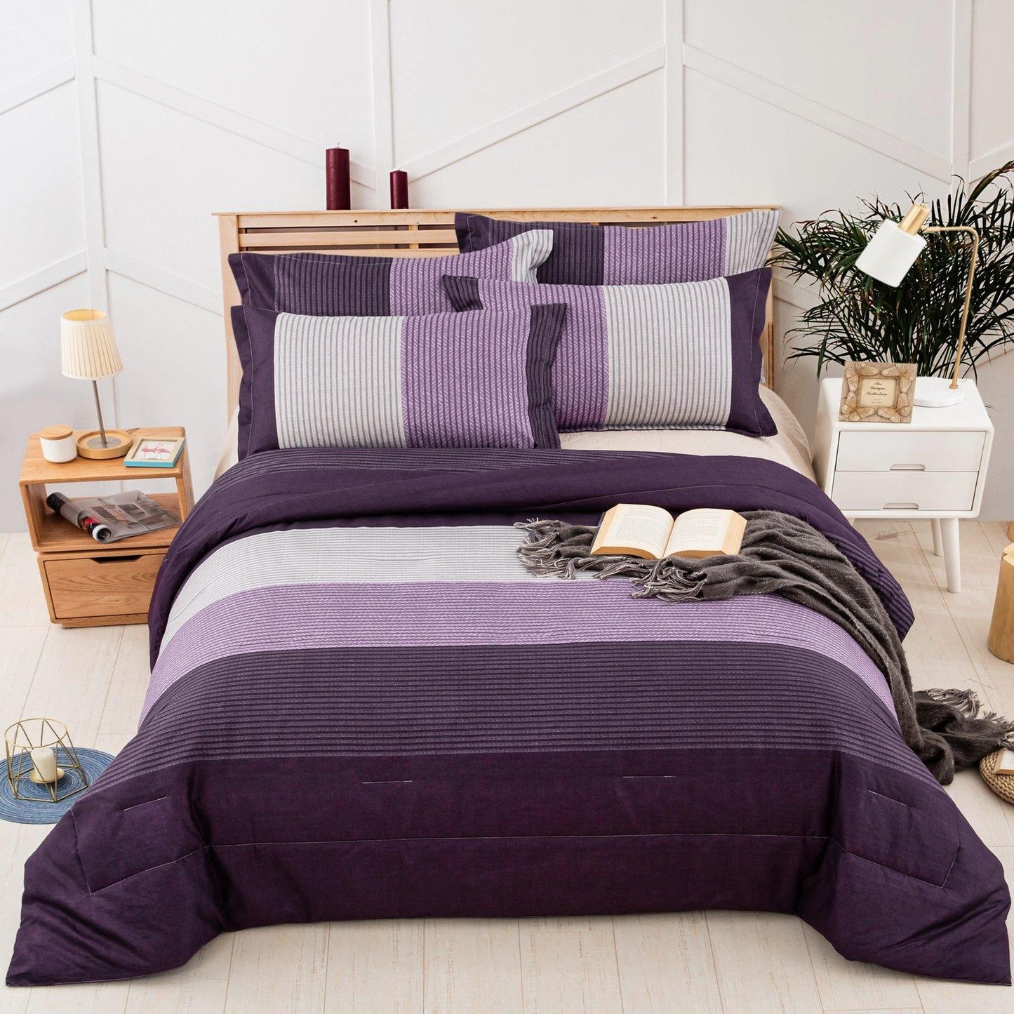 WONGS BEDDING Purple Striped Comforter Set - Wongs bedding