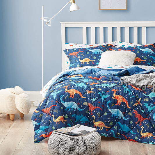 WONGS BEDDING Blue Little Dinosaur Pattern Comforter Set Of 3 Pieces