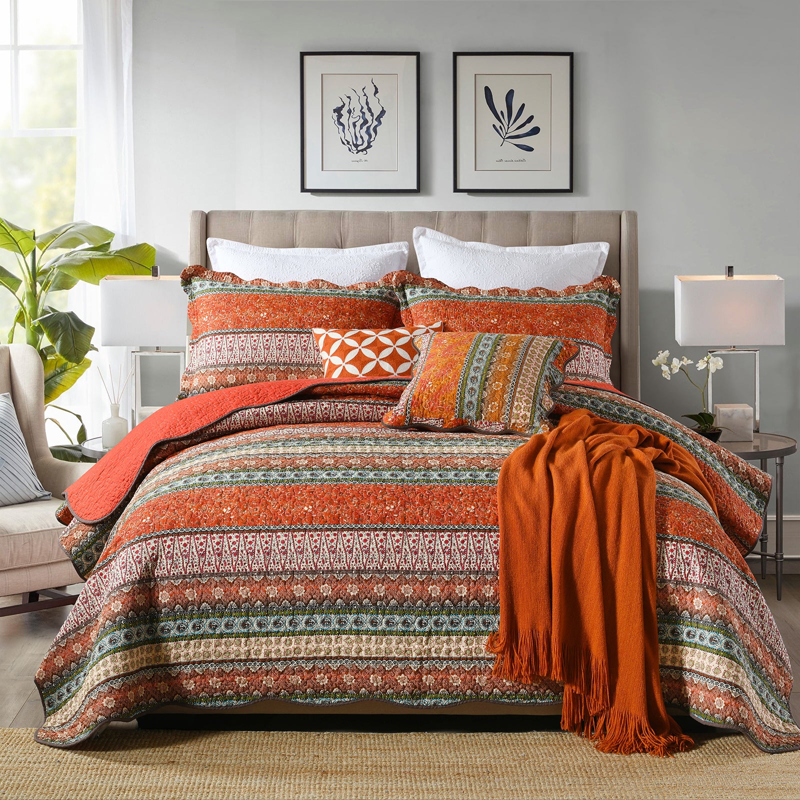 Red Stripe Bohemian 3 Pieces Quilt Set with 2 Pillowcases – Wongs