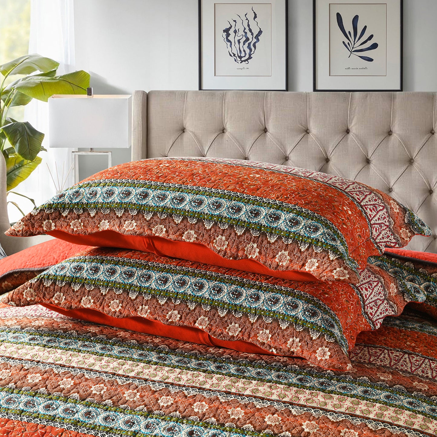 Red Stripe Bohemian 3 Pieces Quilt Set with 2 Pillowcases