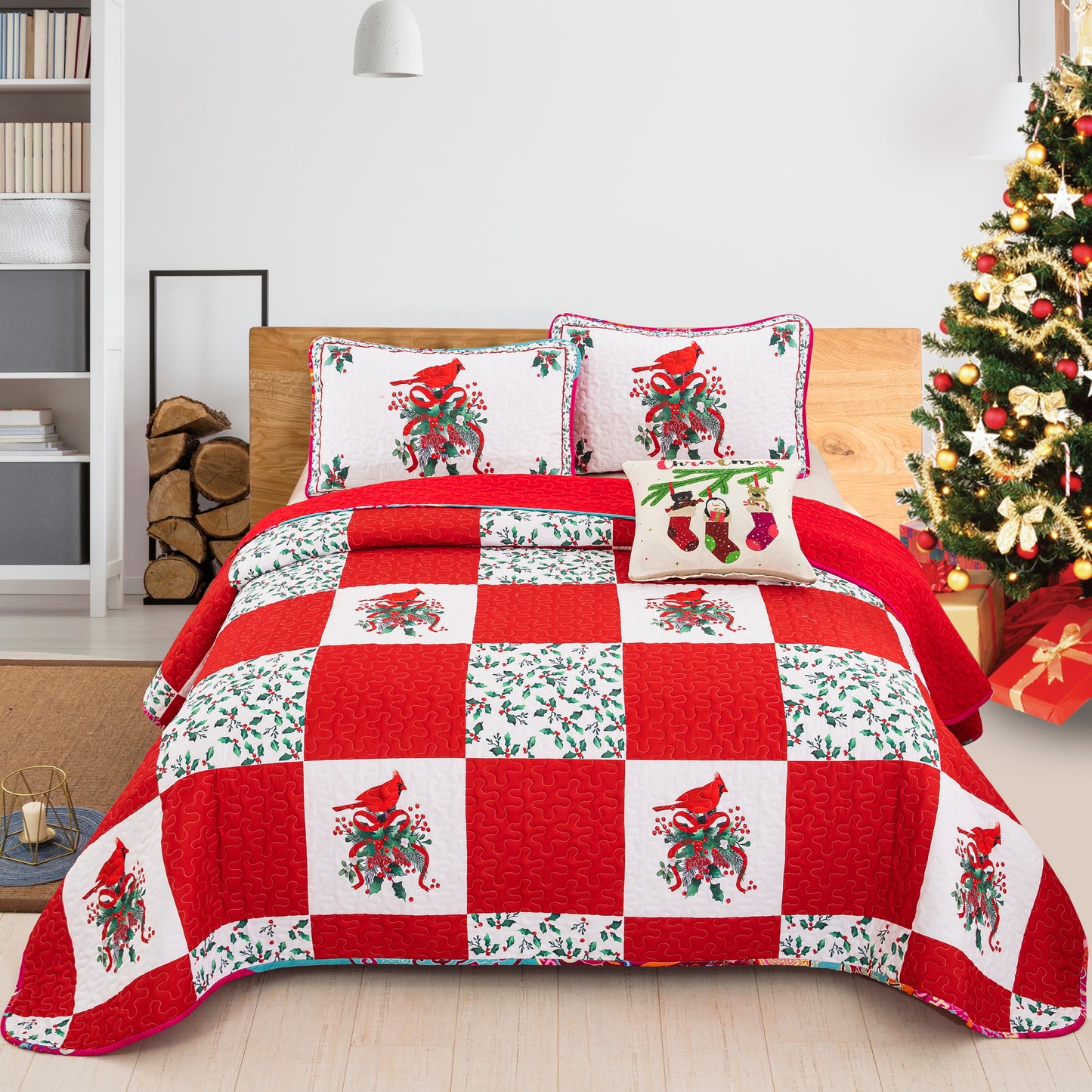 WONGS BEDDING Christmas Style Quilt Set with 2 Pillowcases