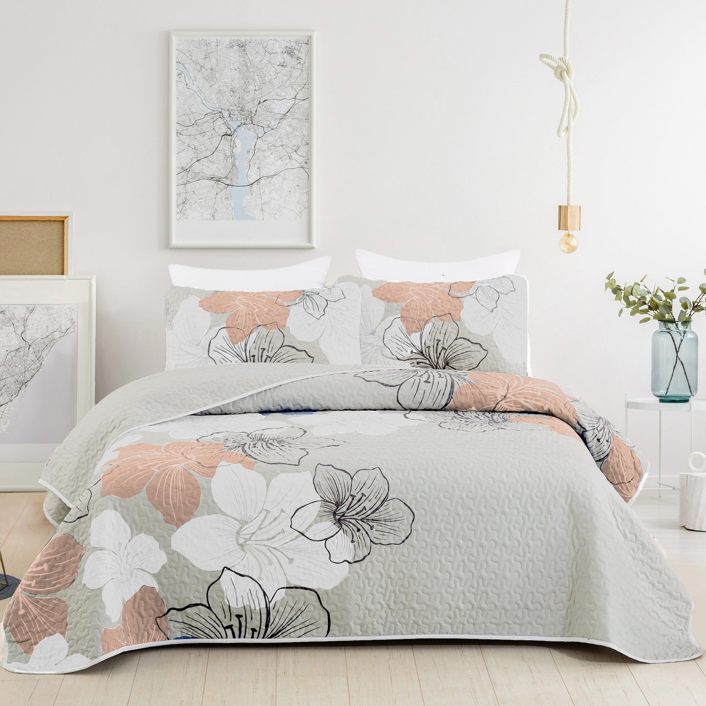 WONGS BEDDING Floral Pattern Quilt Set 3 Pieces Bohemian Bedspread Queen Quilt Set With 2 Pillow Shams