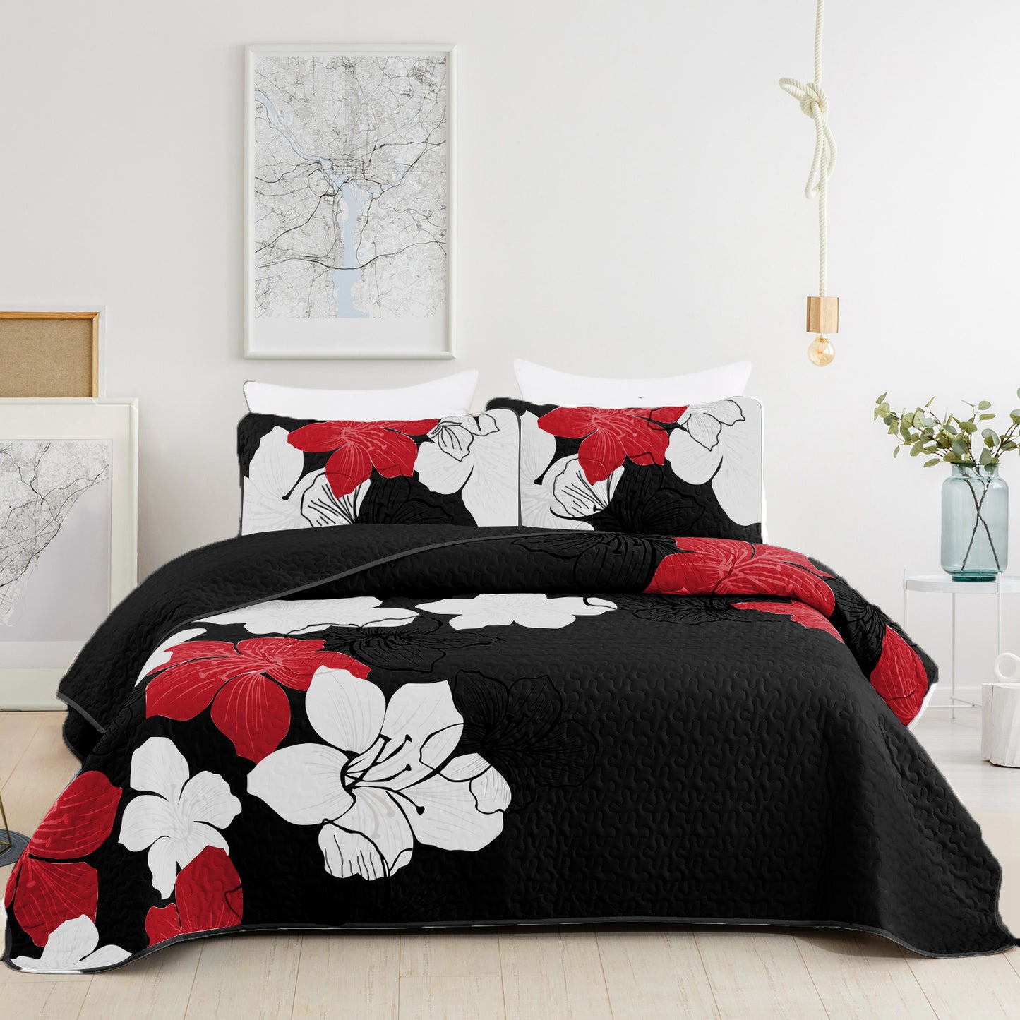 WONGS BEDDING Floral Pattern Quilt Set 3 Pieces Bohemian Bedspread Queen Quilt Set With 2 Pillow Shams