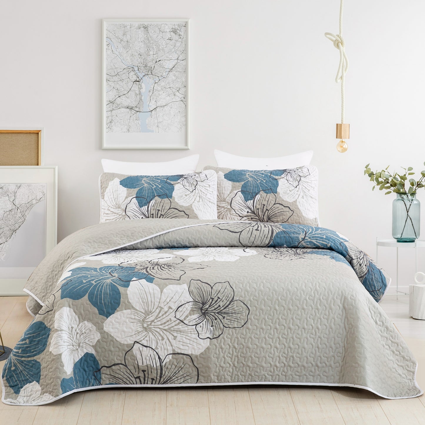 WONGS BEDDING Floral Pattern Quilt Set 3 Pieces Bohemian Bedspread Queen Quilt Set With 2 Pillow Shams