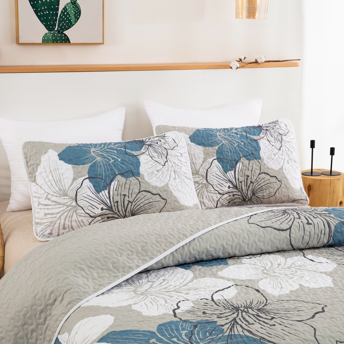 WONGS BEDDING Floral Pattern Quilt Set 3 Pieces Bohemian Bedspread Queen Quilt Set With 2 Pillow Shams
